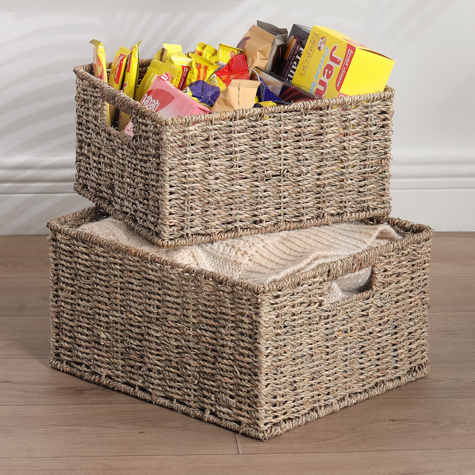 HOONEX Large Wicker Baskets for Storage  Seagrass Baskets with Dual Handles  Woven Baskets for Storage  Set of 2  Natural