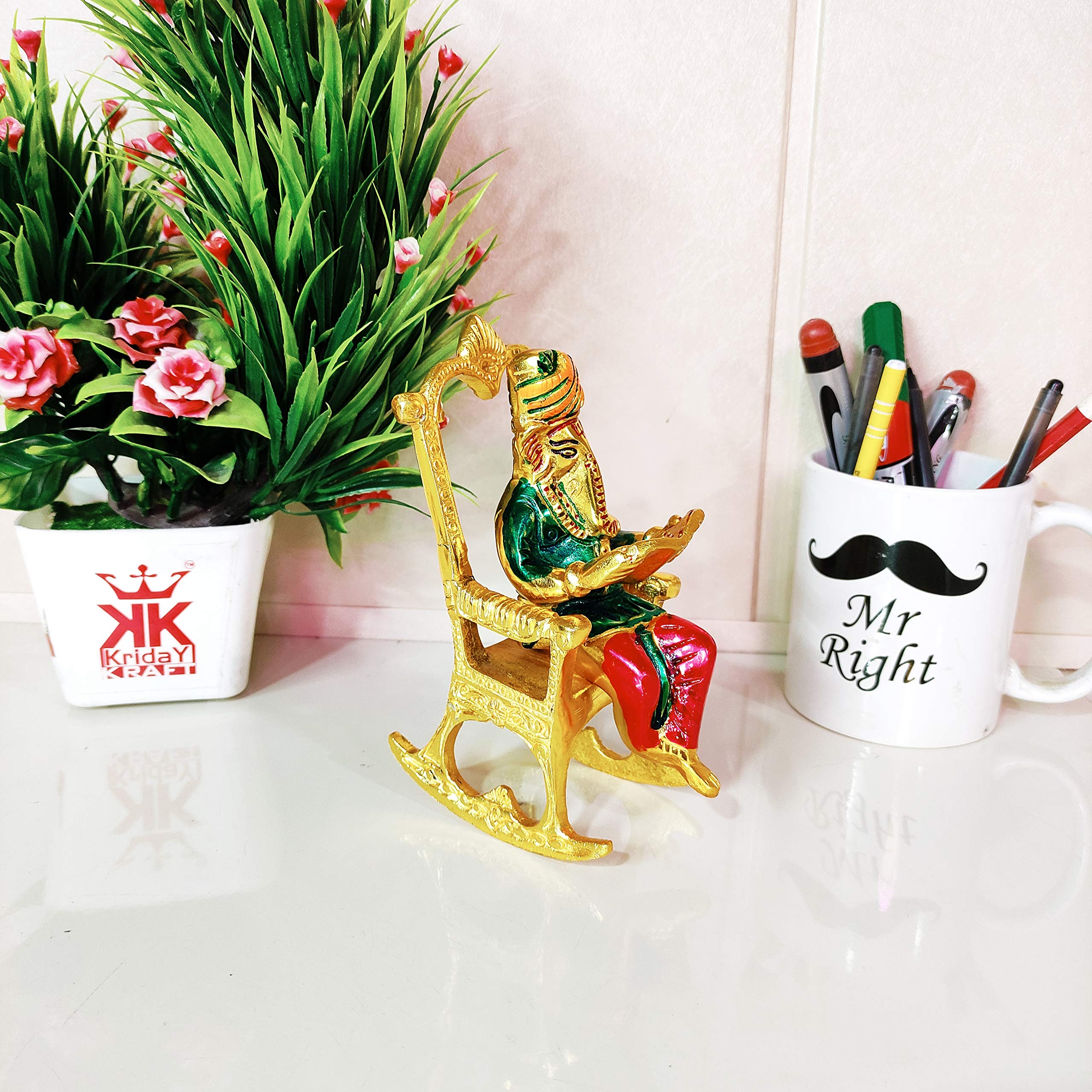Kridaykraft Metal Chair Ganesh Ji Reading Book With Meenakari Work,Ganesha Metal Statue For Pooja & Home, Office Dcor, Car Dashb