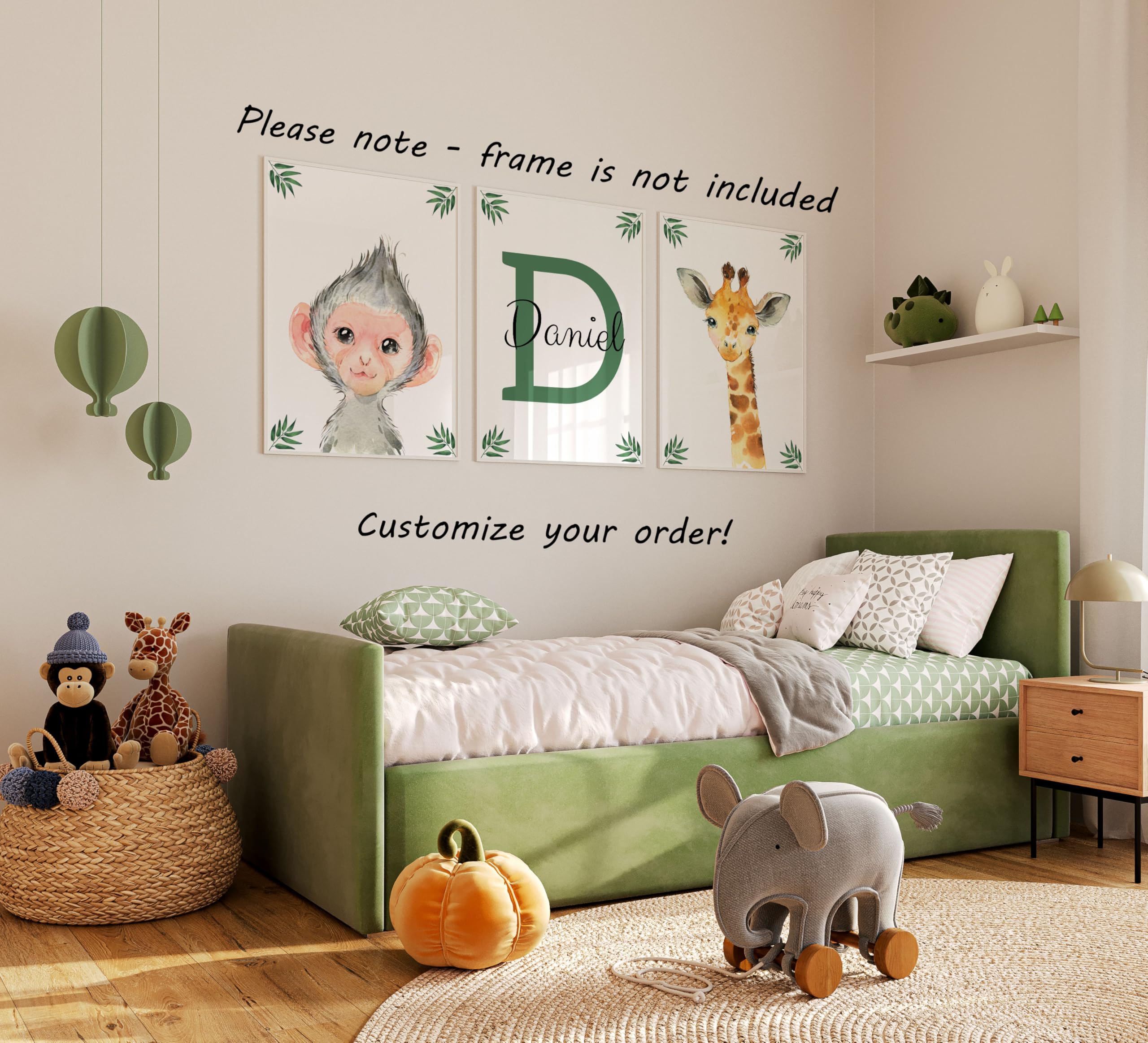 Personalized Safari Animals for Baby Boy Girl Nursery Bedroom Unframed Set of 3 Poster Prints  Green Jungle Leaves Wall Art Decor New Baby Gift Present  Elephant Giraffe Lion Panda Zebra (8x10)