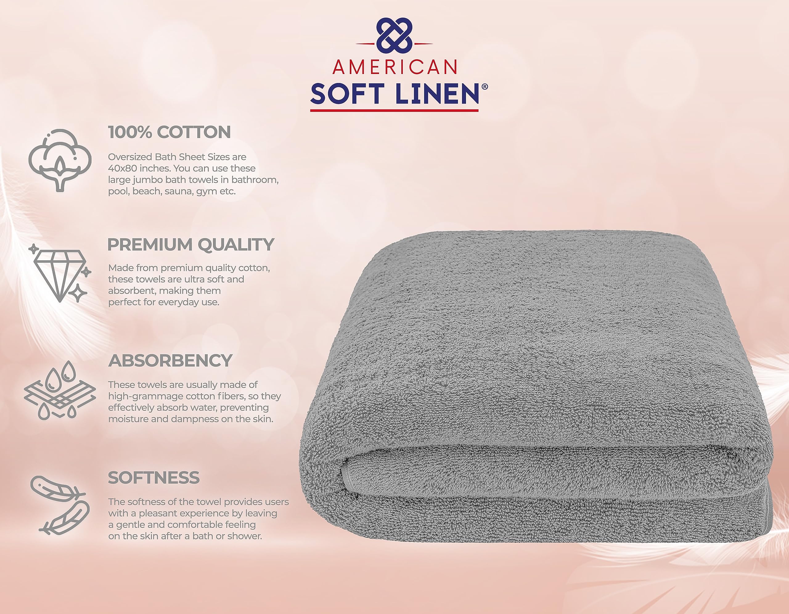 American Soft Linen Oversized 40x80 Jumbo Large Bath Towels for Bathroom  100% Ringspun Cotton Bath Sheet for Adults  Light Grey