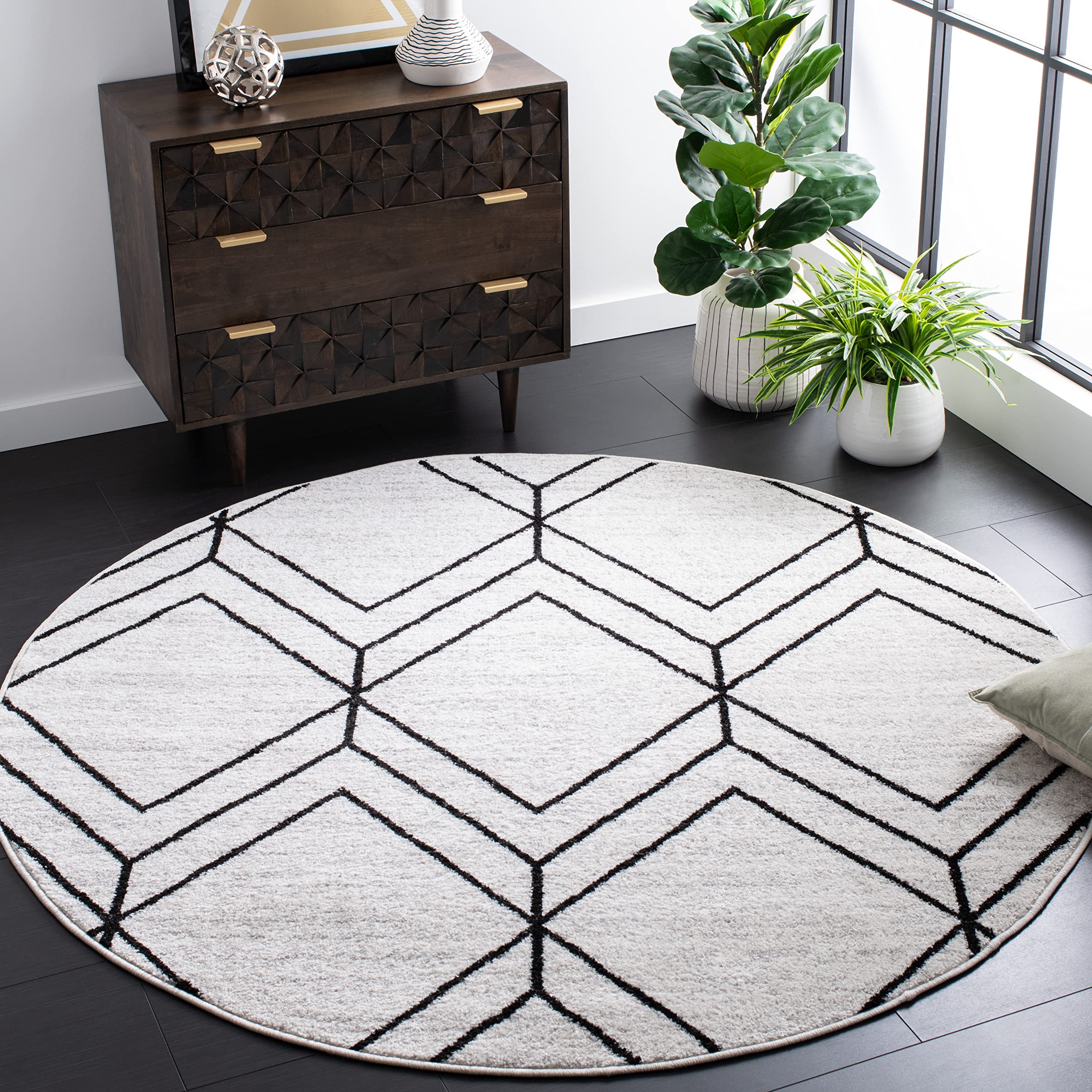 SAFAVIEH Adirondack Collection Area Rug - 4 Round, Light Grey & Black, Modern Geometric Design, Non-Shedding & Easy Care, Ideal