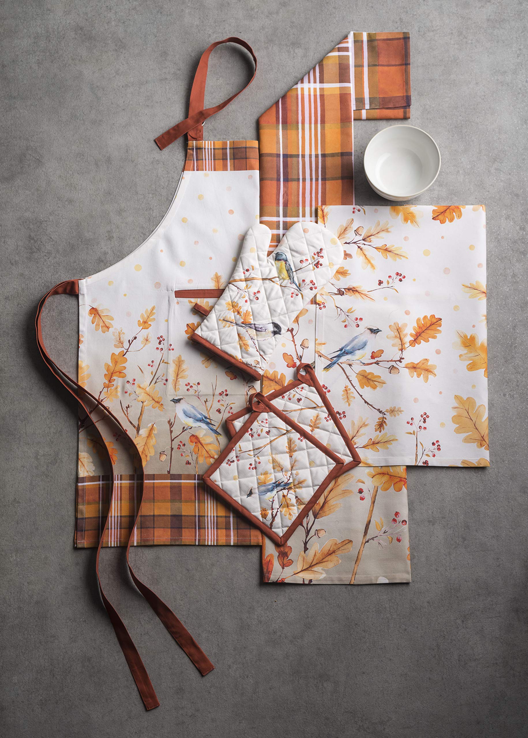 Maison D' Hermine Oak Leaves 100% Cotton 1 Piece Kitchen Apron With An Adjustable Neck & Hidden Centre Pocket With Long Ties For
