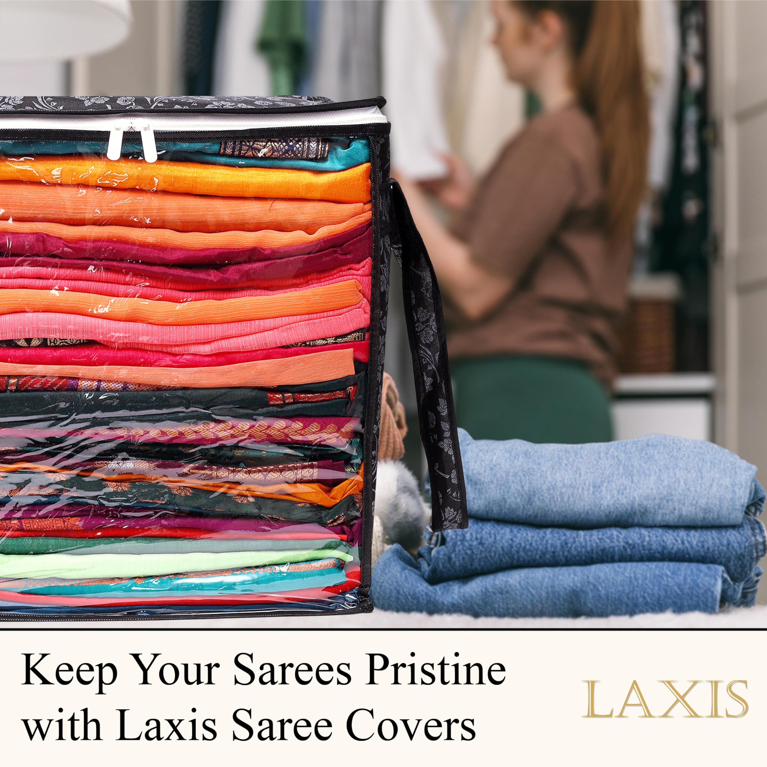 LAXIS Non-Woven Jumbo Saree Bags, Black Color Transparent Saree Covers With Zip, Saree Covers For Storage With Moisture & Dust P