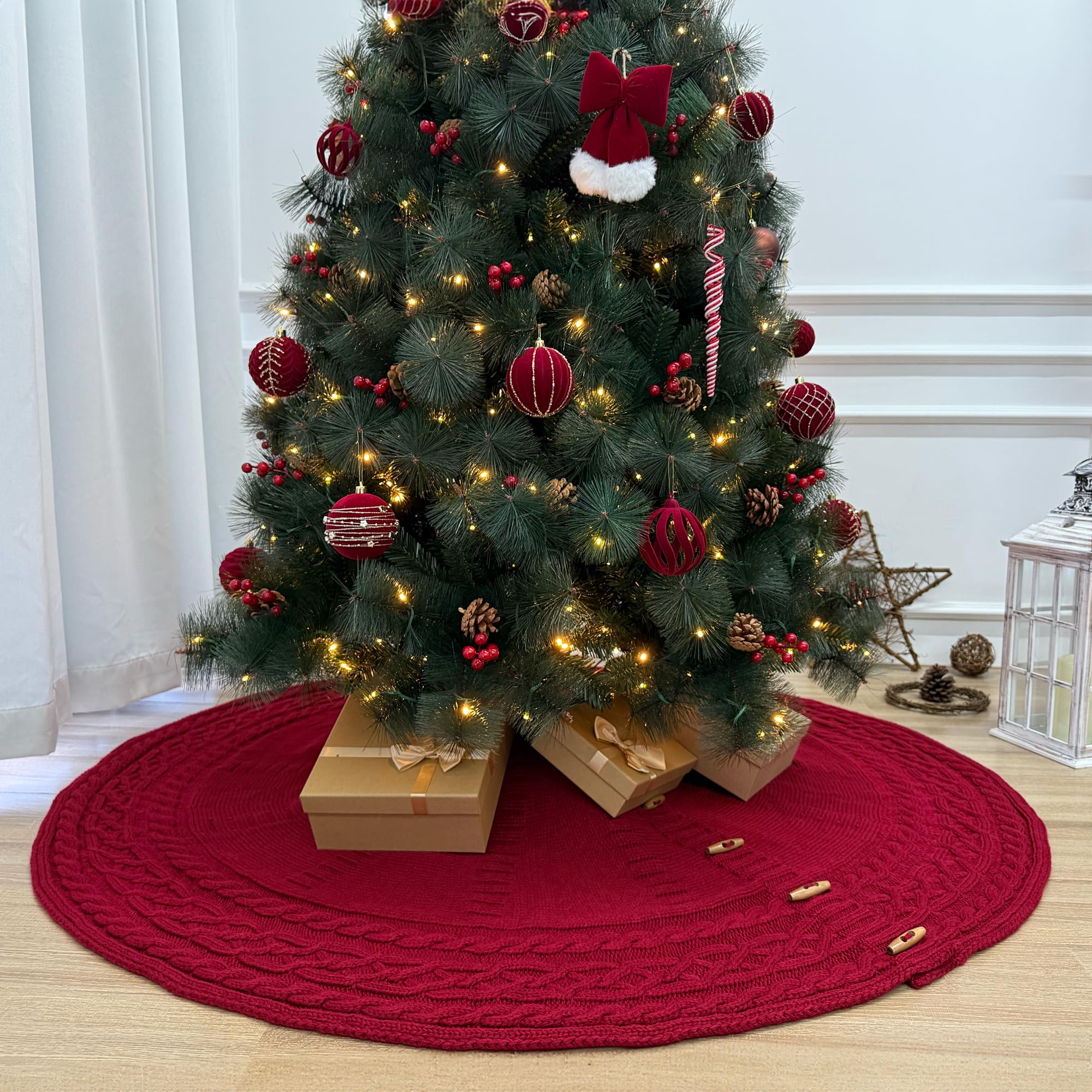 Starry Dynamo 60-Inch Cable Sweater Knit Christmas Tree Skirt with Wooden Toggles, Burgundy