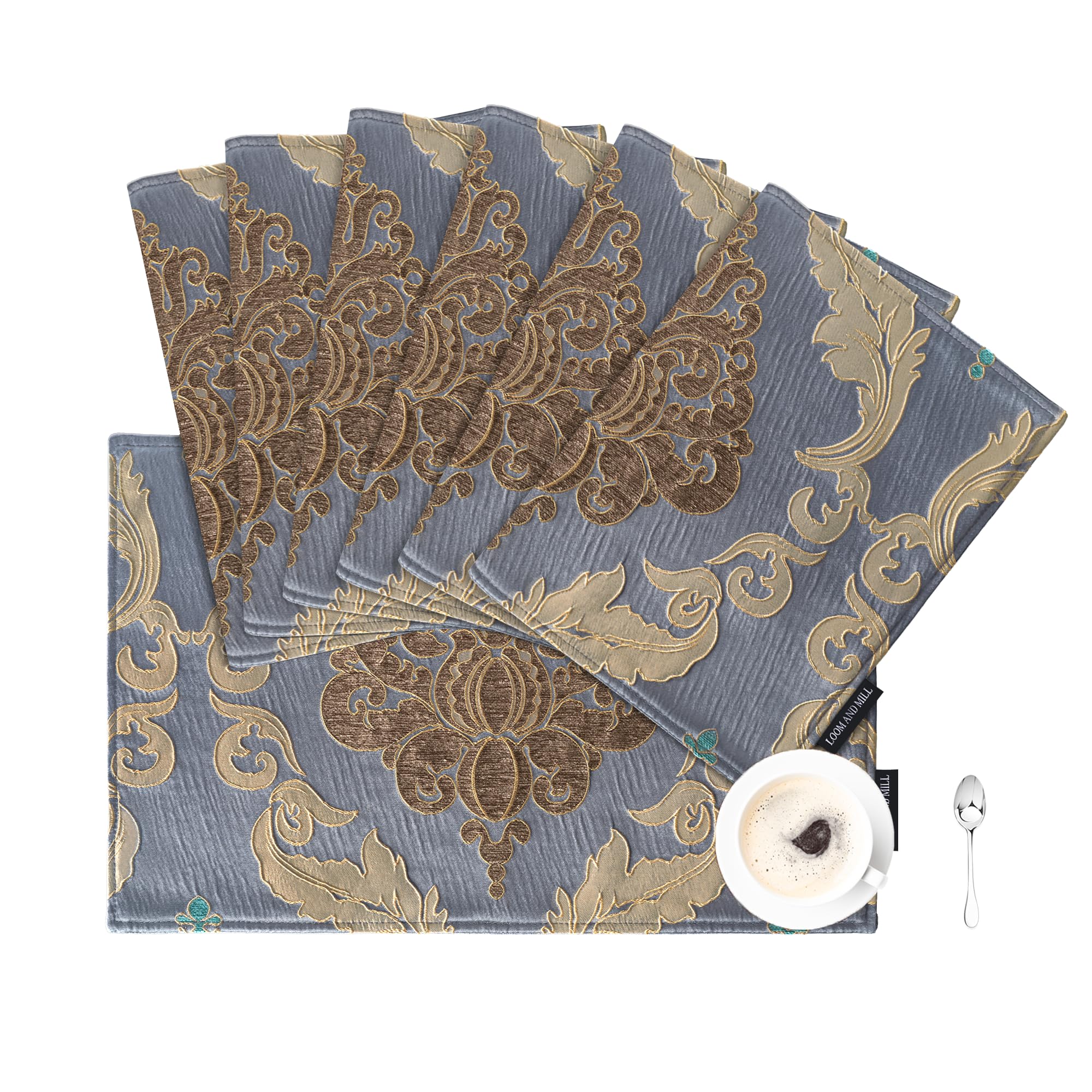 Loom And Mill Luxury Damask Placemats Set Of 6, Traditional Jacquard Table Place Mats For Dining Table Kitchen Room Holiday Banq