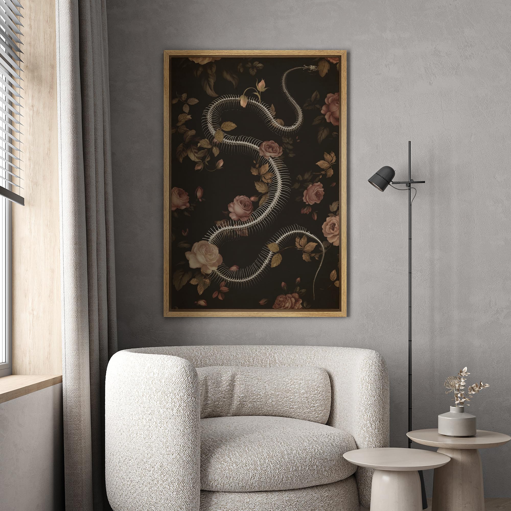 Wall26 Framed Canvas Print Wall Art Moody Floral Snake Skeleton Gothic Photography Modern Art Decorative For Living Room, Bedroo