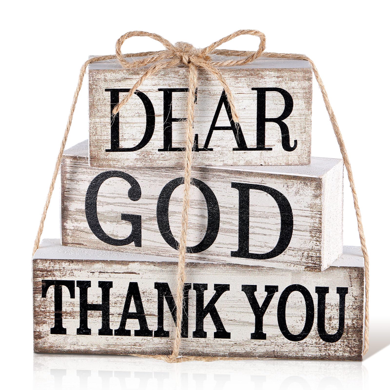 CroBlissful 4 Pcs Farmhouse Wooden Tabletop Decor Inspirational Christian Table Sign Bible Verse Wooden Decor Dear God Thank You