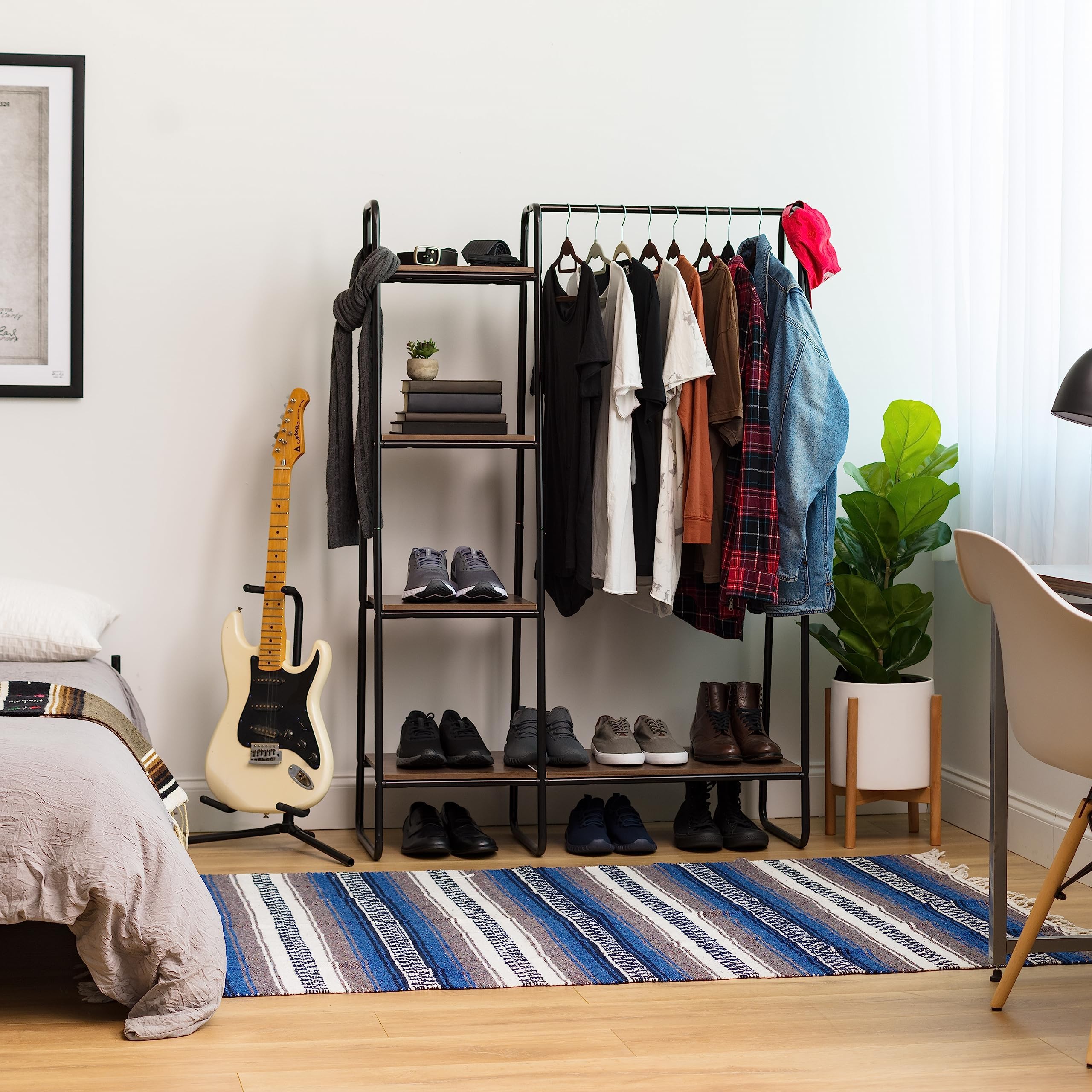 IRIS Metal Garment Rack with Wood Shelves  Black and Dark Brown  PI-B3