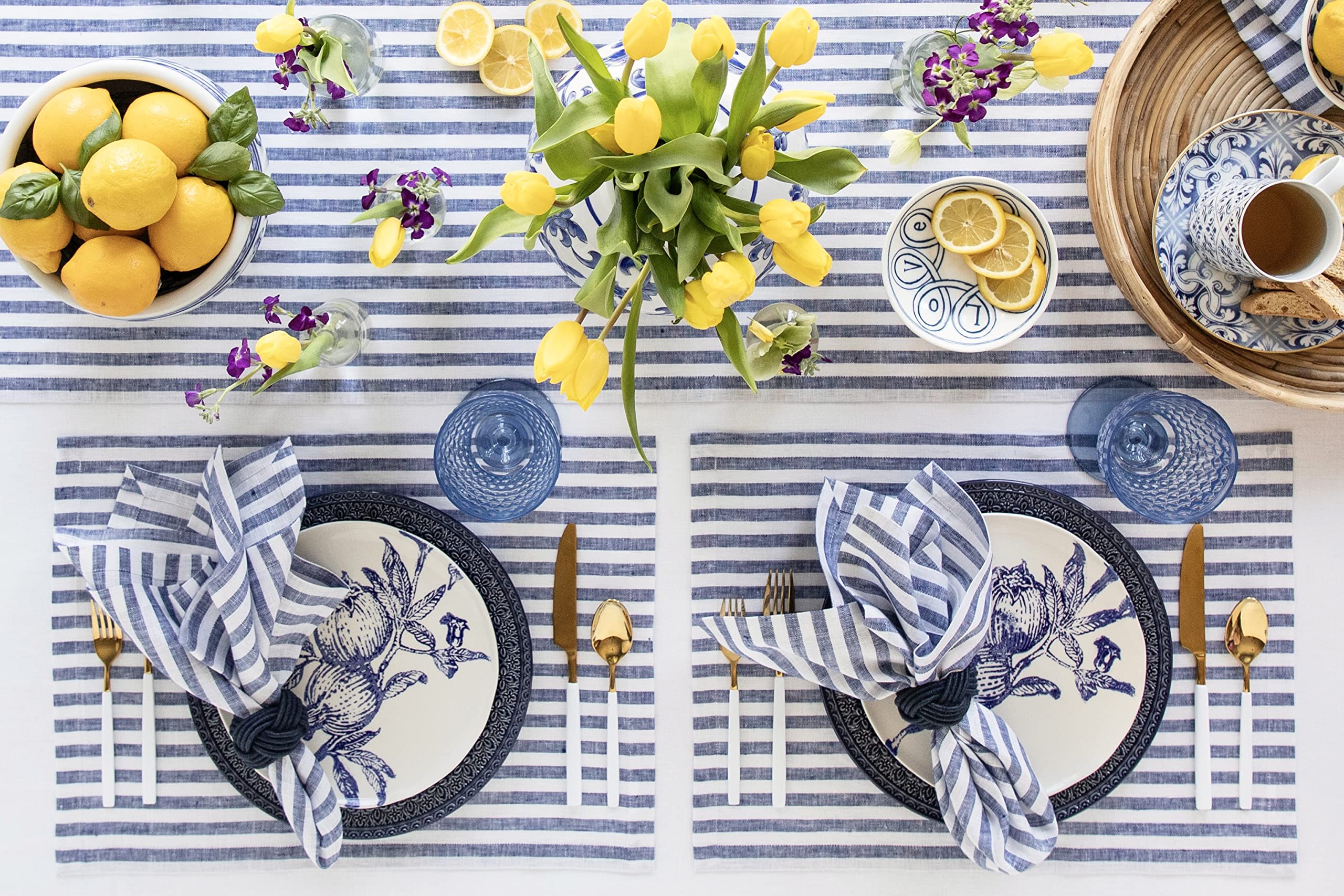 Solino Home Linen Napkins Set of 4-100% Pure Linen Amalfi Stripe Navy and White Cloth Dinner Napkins 20 x 20 Inch for Fall, Autu