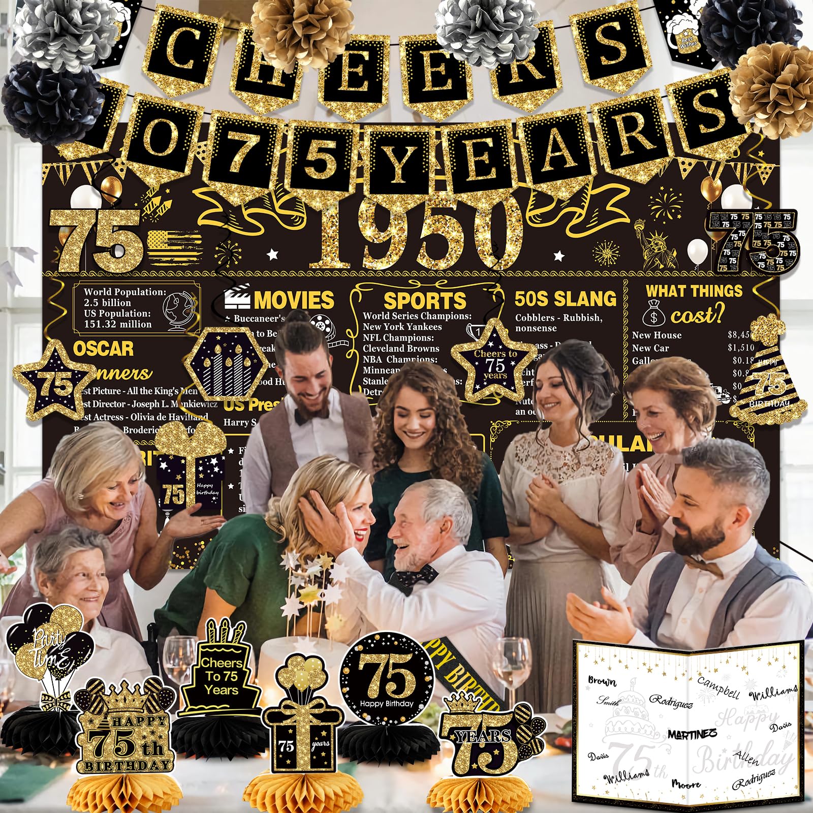 75Th Birthday Decorations For Men Women,24Pcs 1950 Banner Decorations,Including Banner,6 Honeycomb Topper,75 Balloons,Anniversar