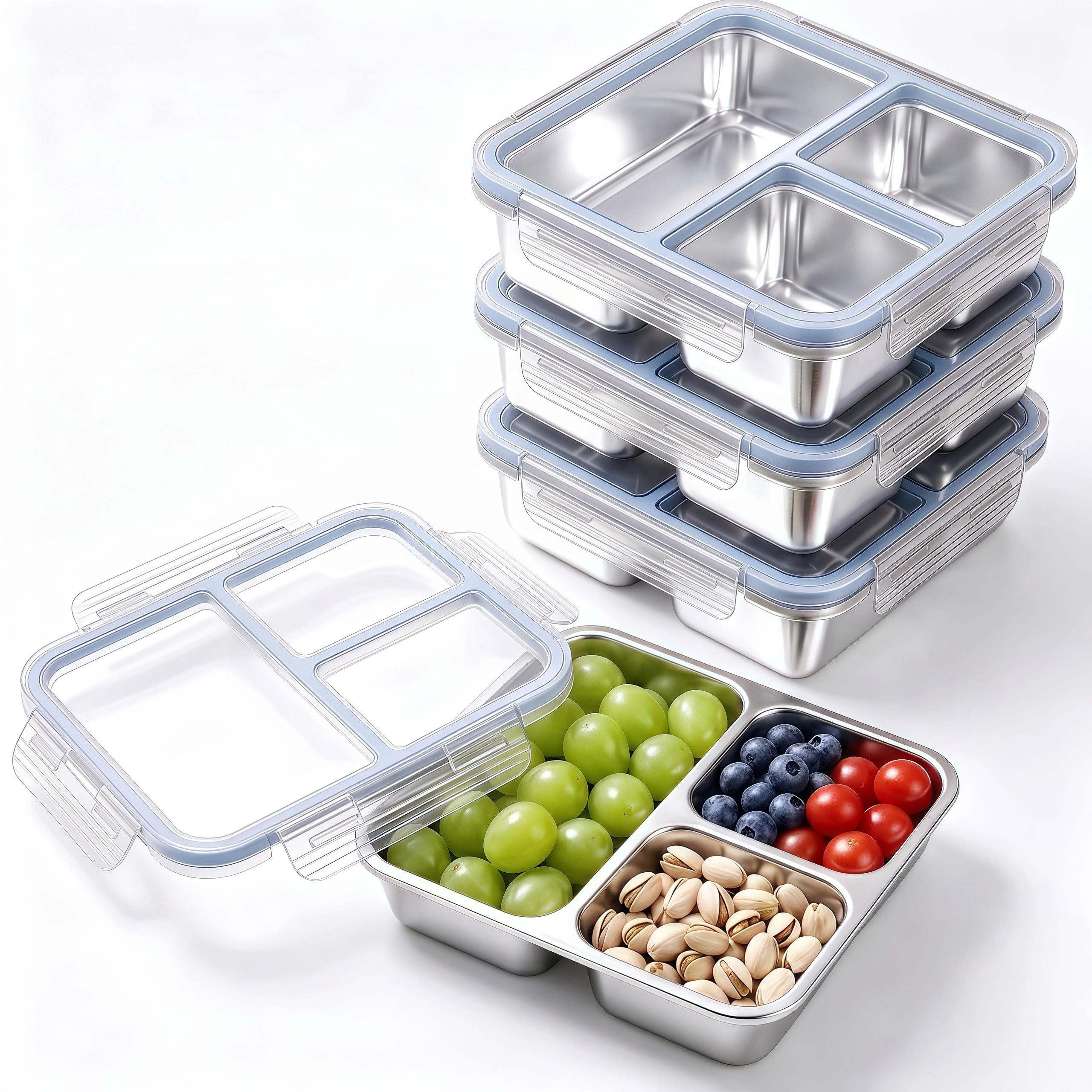 BSTUR Stainless Steel Snack Containers, 3Compartment Bento Boxes with Lids