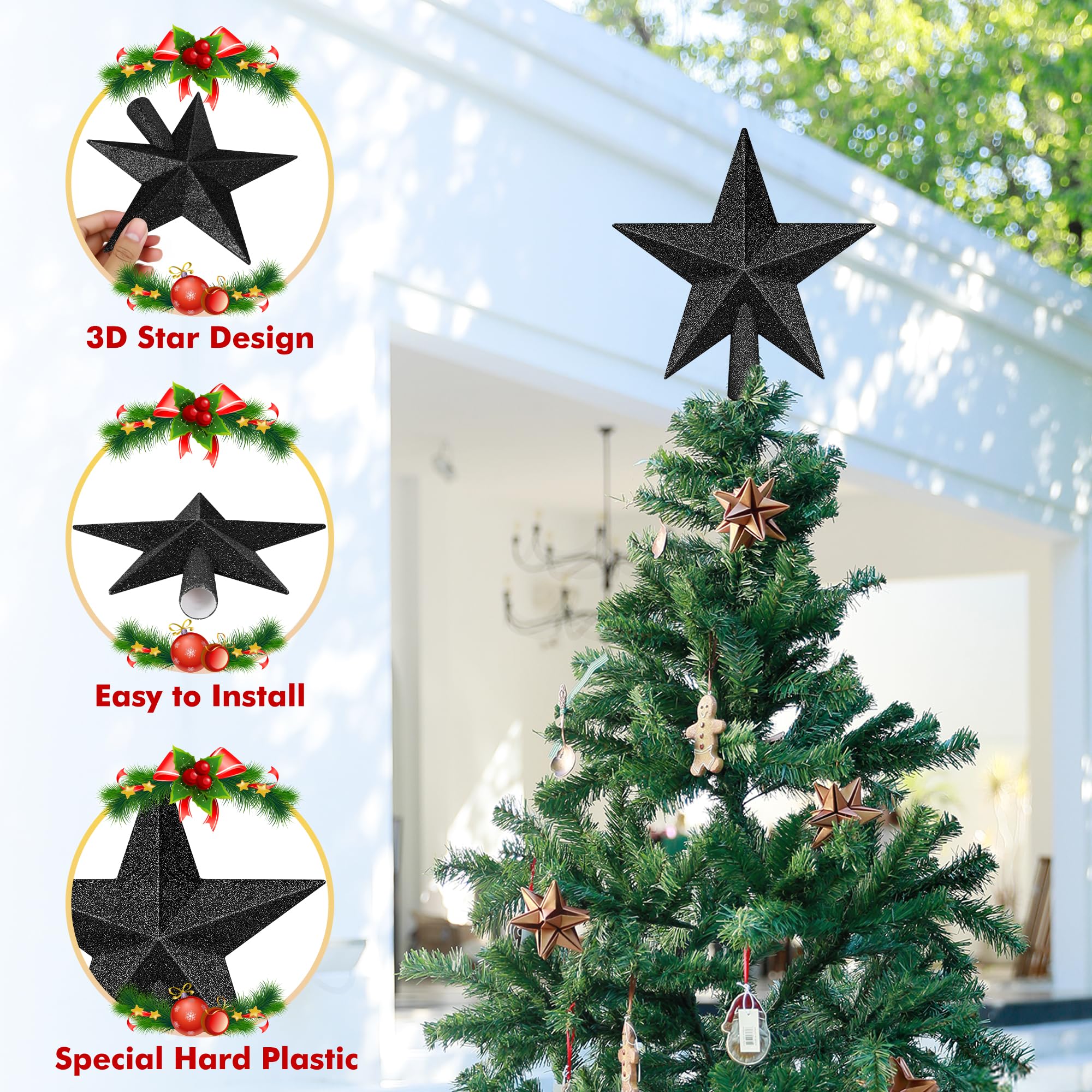 Christmas Tree Ornament, 8 Black Christmas Star Tree Topper Accessories, Xmas Glitter 3D Bethlehem Tree Topper Ornament, Waterpr