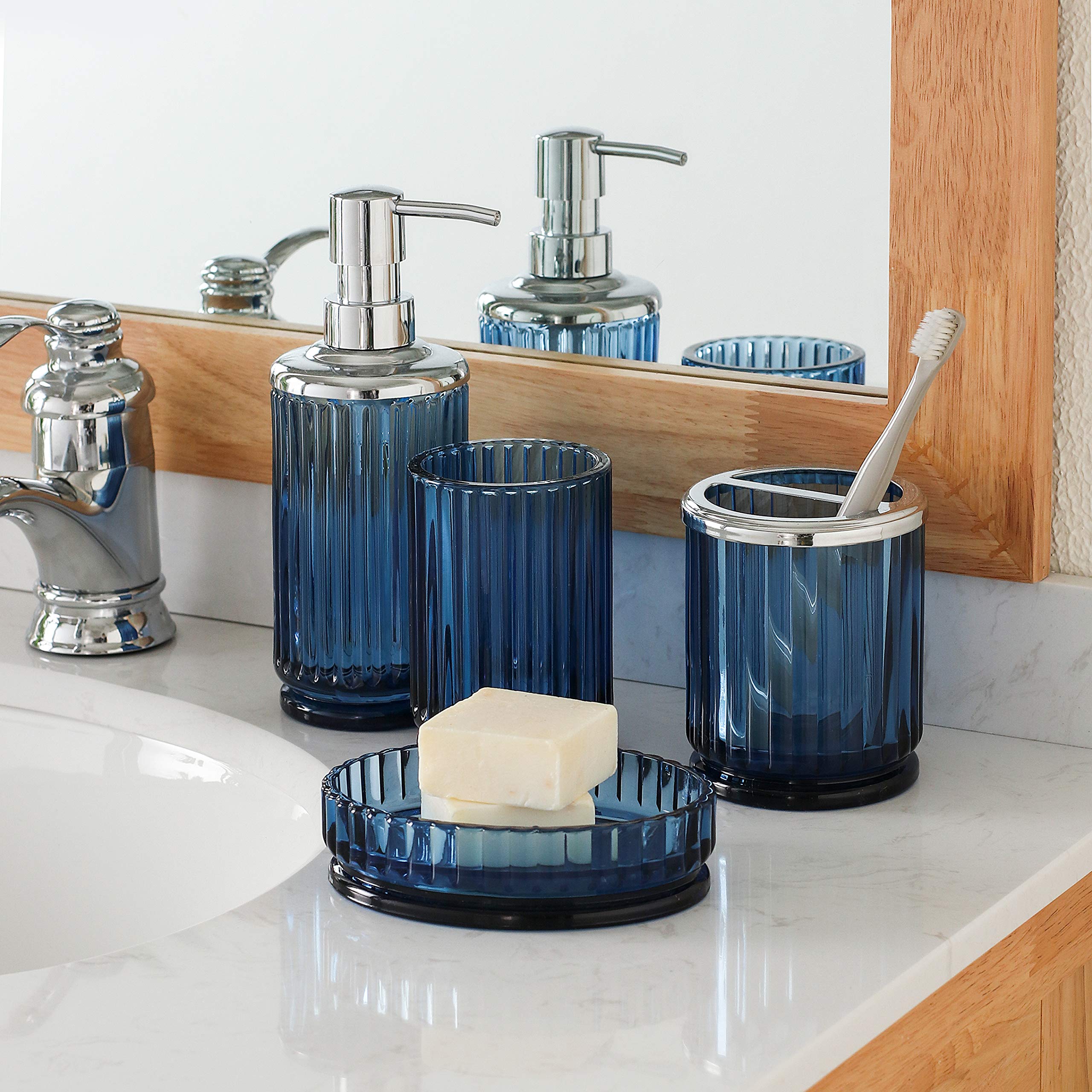 4Pcs Heavy Weight Decent Blue Glass Bathroom Accessories Set With Decorative Pressed Pattern - Includes Hand Soap Dispenser & Tu