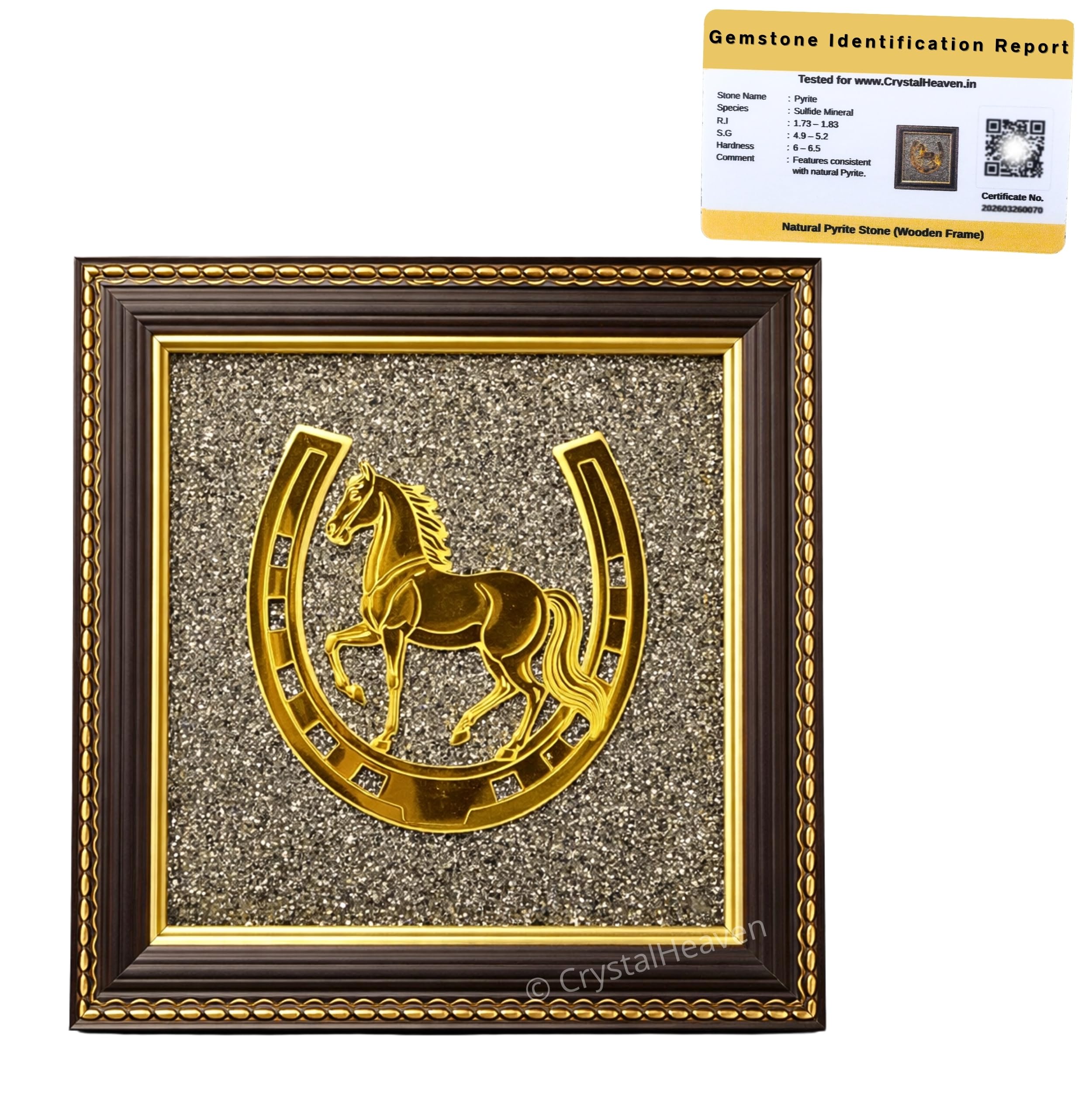 Crystal Heaven Pyrite Stone Frame With Ghode Ki Naal To Attract Money, Protection And Chakra Healing - Wooden Photo Frame Wall D