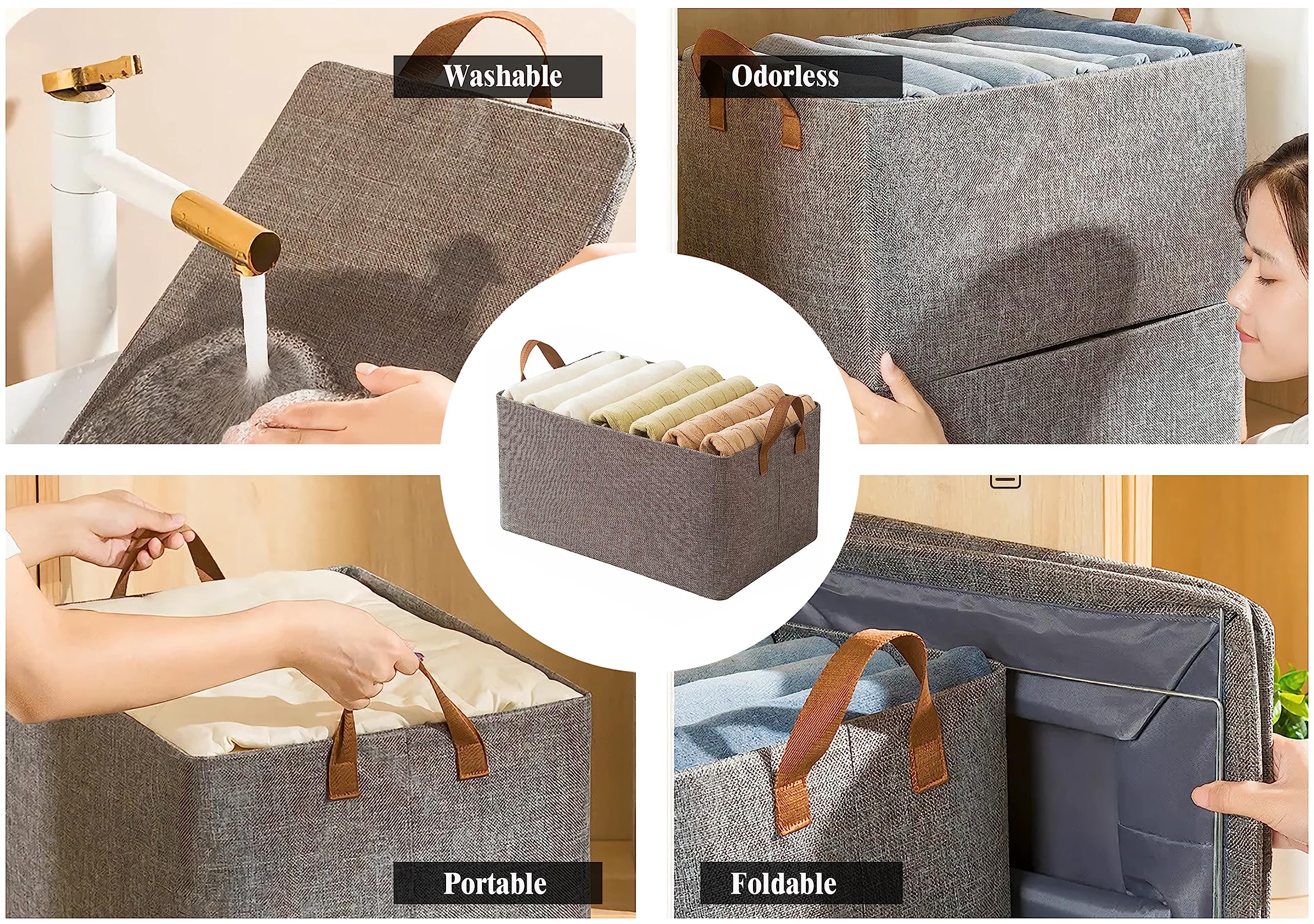 Aarainbow 4 Pcs Closet Clothes Organizer Bins, Fabric Storage Box With Steel Frame Stackable Shelf Storage Baskets Large, Fabric