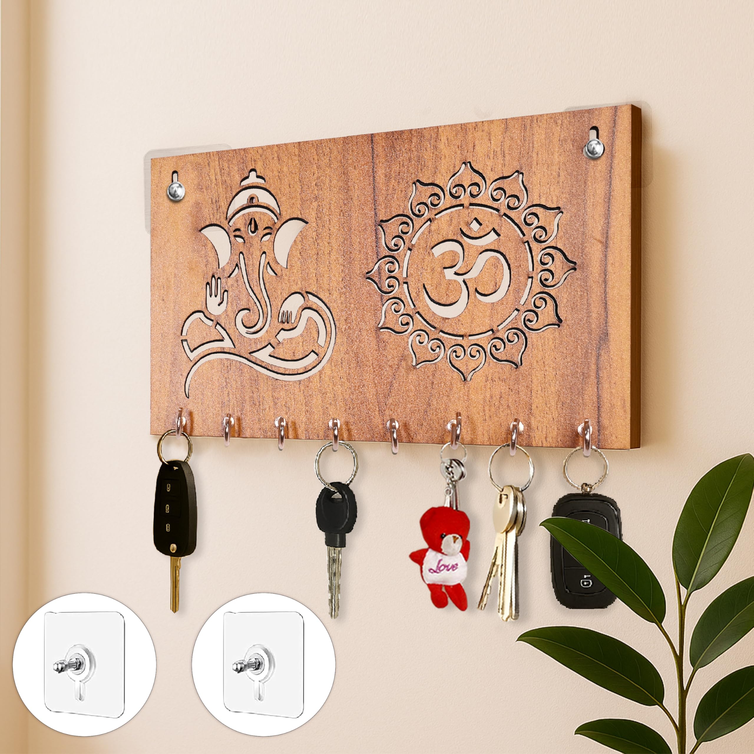 Rousrie Wooden Key Holder for Home Without Drill, Decorative Key Stand with 8 Hooks, Stylish Key Hanger for Home & Office