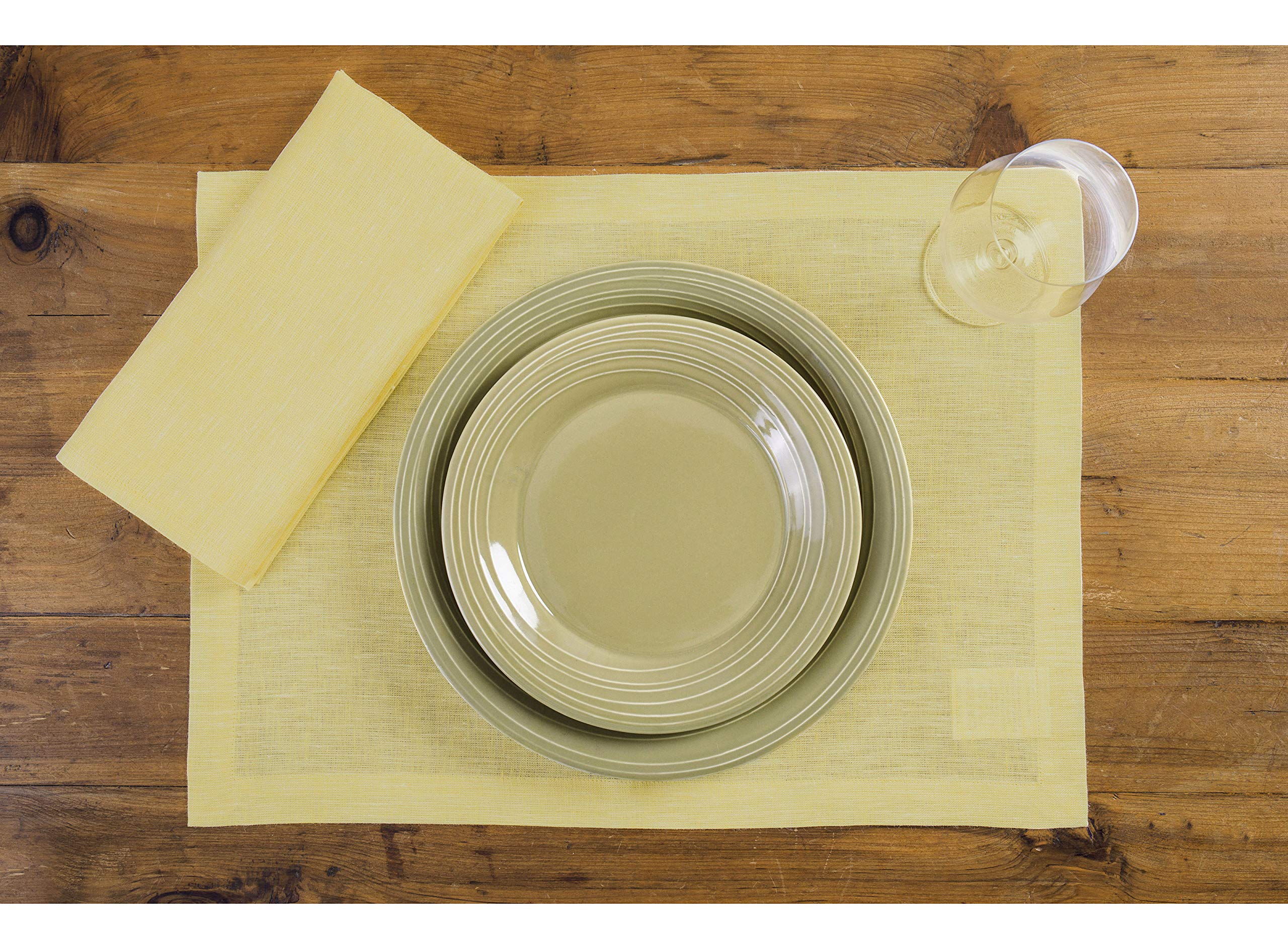 Solino Home Linen Placemats 19'' L X 14'' W Inch - 100% Pure Linen Chambray Yellow Cloth Placemats Set Of 4 - Athena, Washable F