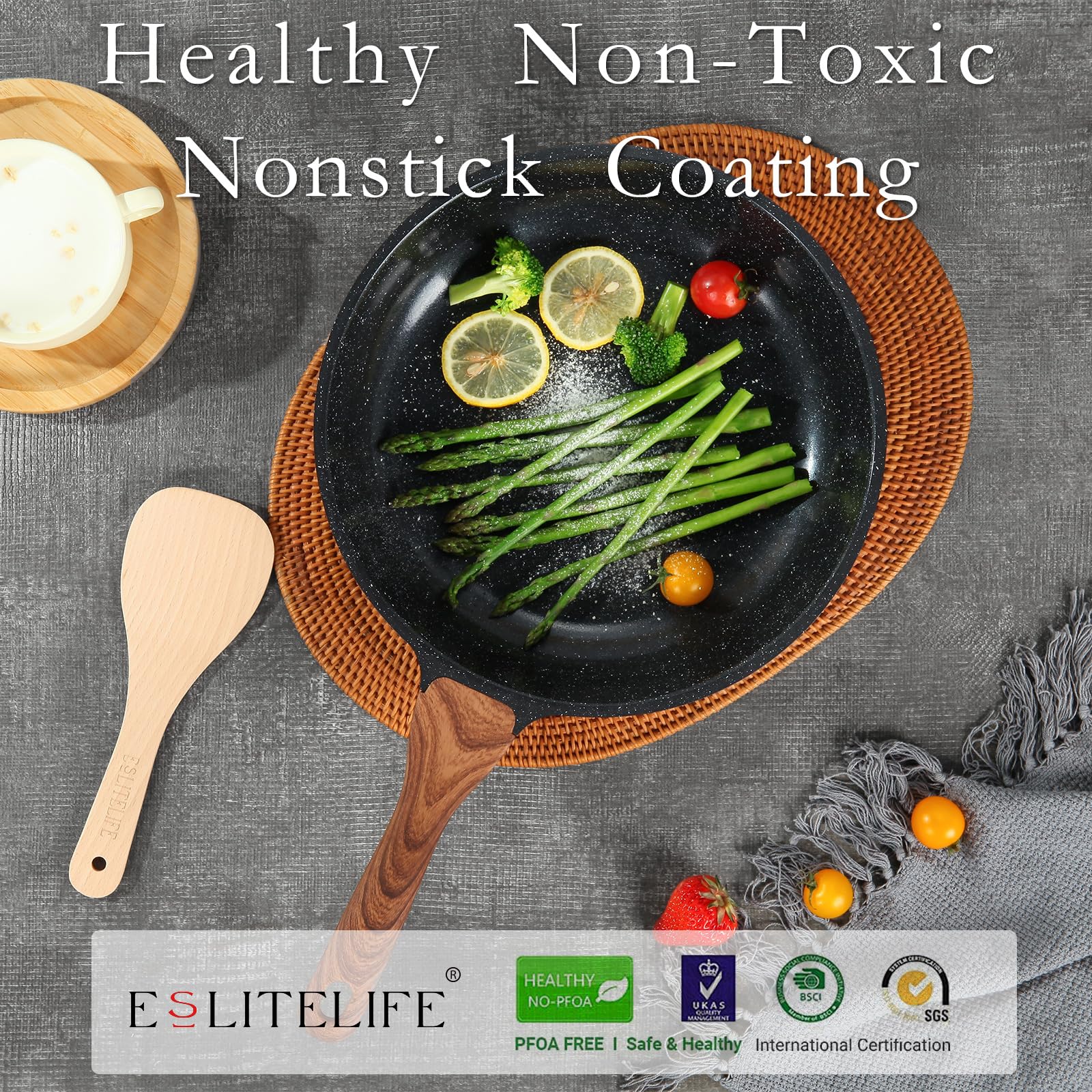 ESLITE LIFE Nonstick Ceramic Frying Pan Skillet with Lid, 8" Black, PTFE & PFOA Free, Compatible with All Stovetops (Model: ES-FP