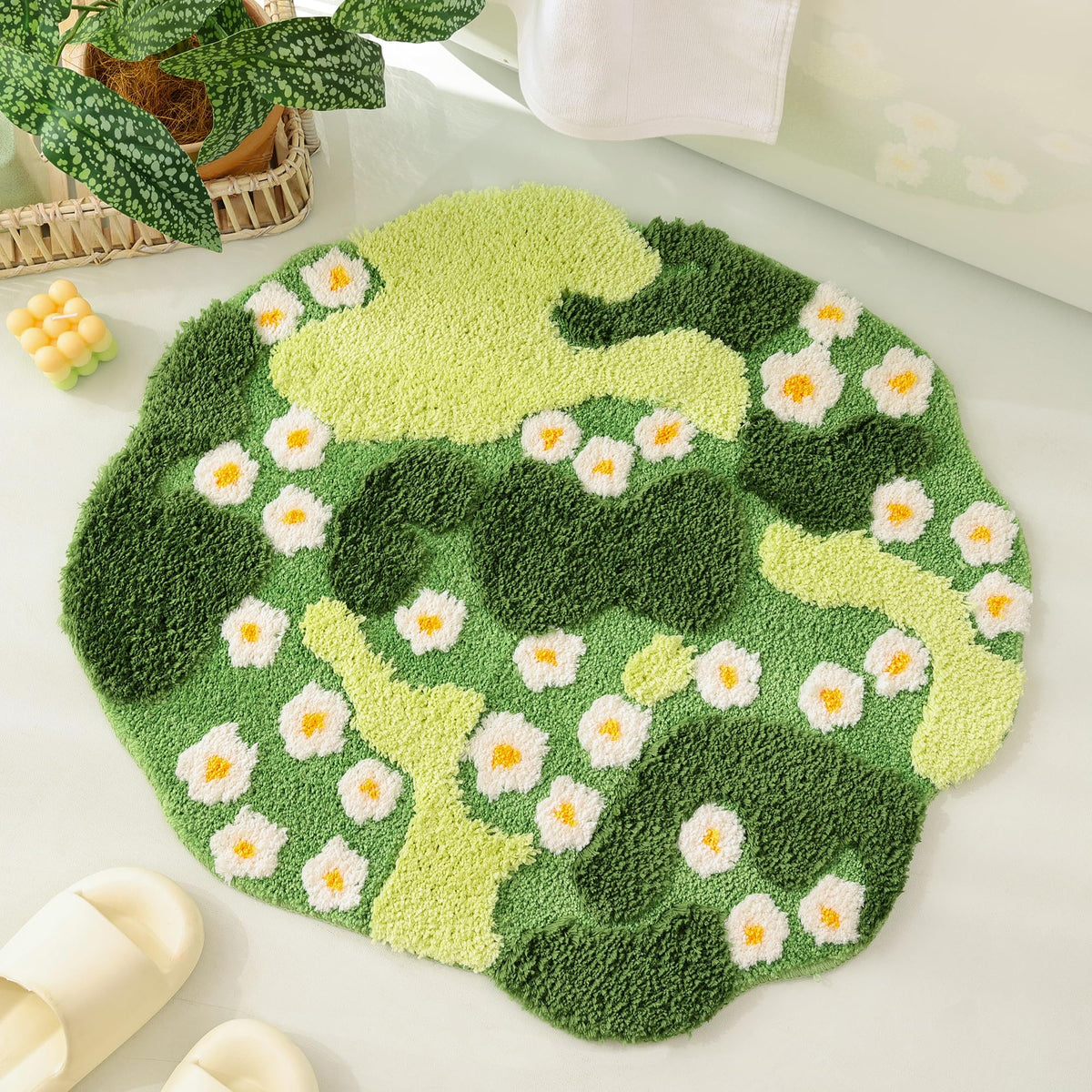 Yikush Bathroom Rugs Green Bath Mat Cute Moss Rug With Small White Flowers Non Slip Door Mat For Bedroom And Kitchen Soft Washab