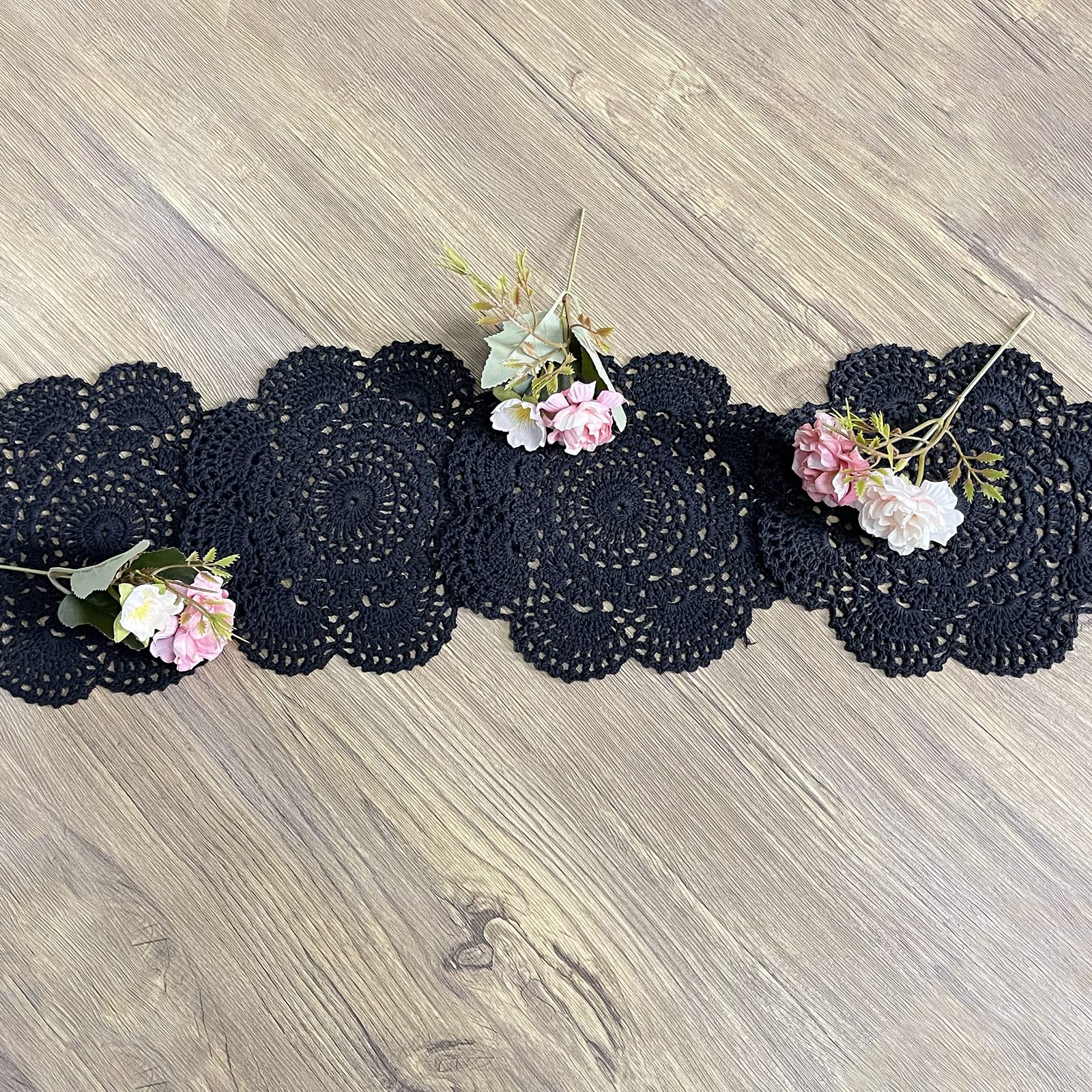 Phantomon 8 Inch Doilies Crochet Round Lace Doily Handmade Placemats 100% Cotton Crocheted Coasters, Pack Of 4 (Black)