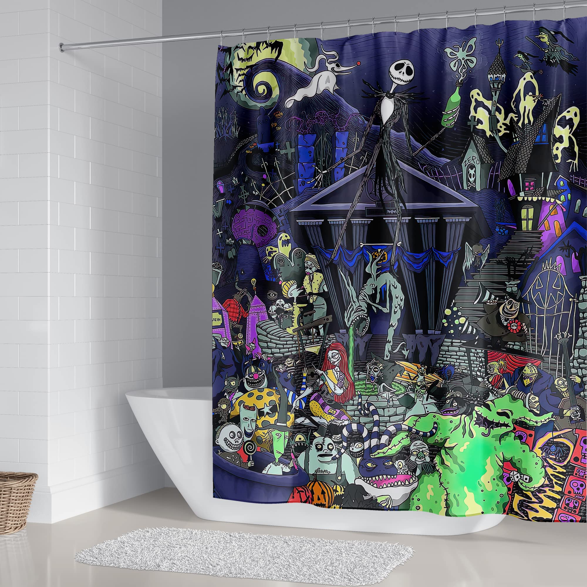 DDS-DUDES 4Pcs Nightmare Before Christmas Zombie Bride Jack Shower Curtain Sets Kids Bathroom Halloween Decor with 12 Curtain Hooks for Bathroom  Waterproof 71 x 71 inch (D0025)