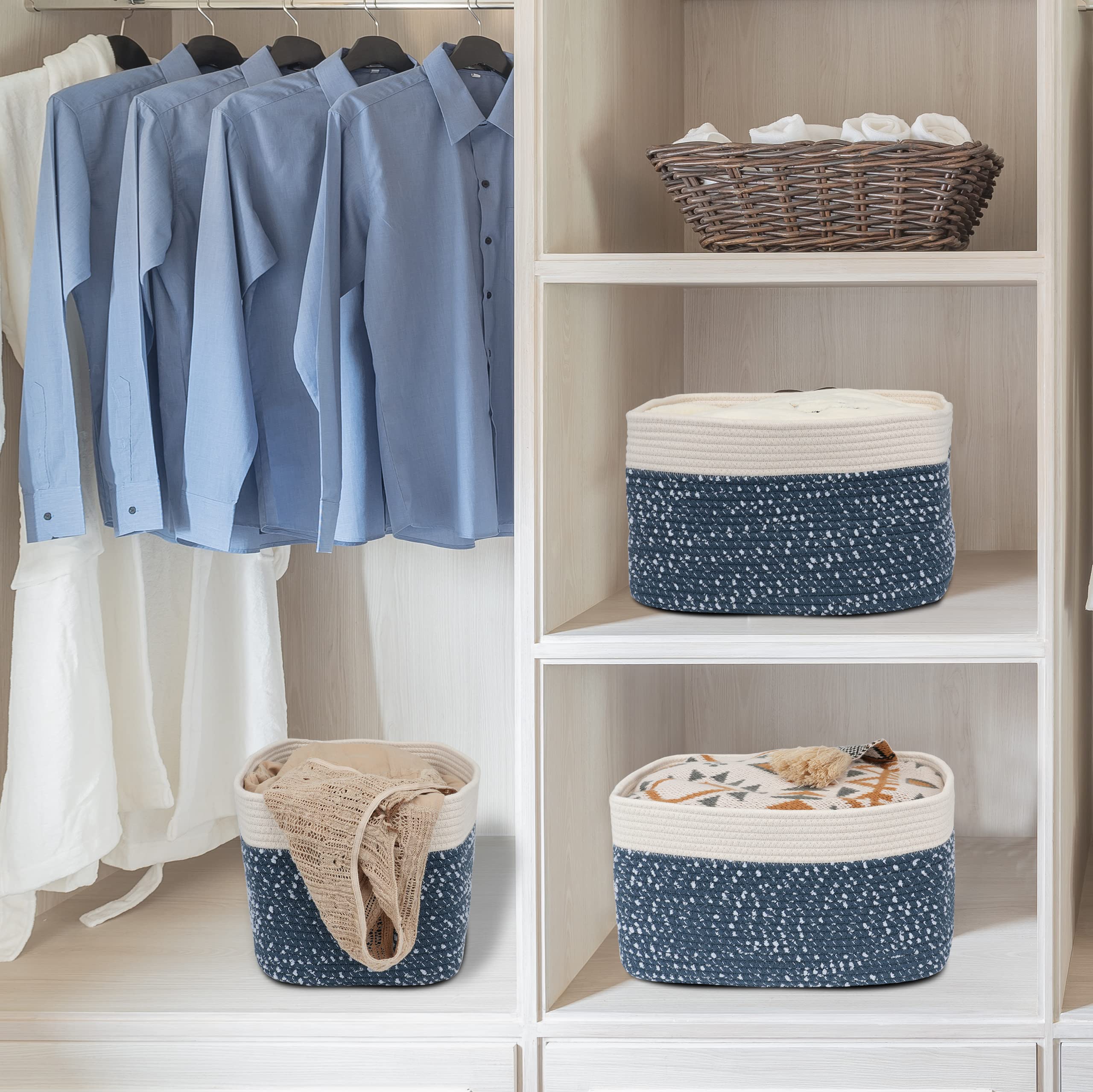 Xuanguo White And Blue Cotton Rope Storage Basket Bins Woven Basket For Organizing Shelves Rectangle Decorative Baskets For Stor