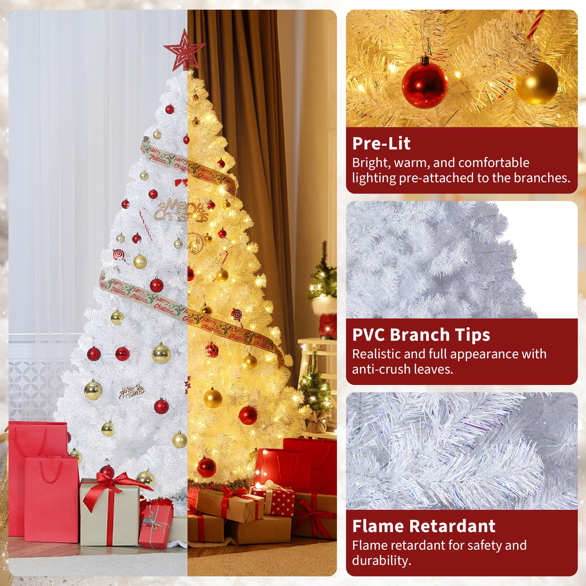 7.5ft Pre-Lit Laser White Artificial Christmas Tree with 450 Warm White LEDs, Easy Assembly & Foldable Metal Base, Holiday Pine