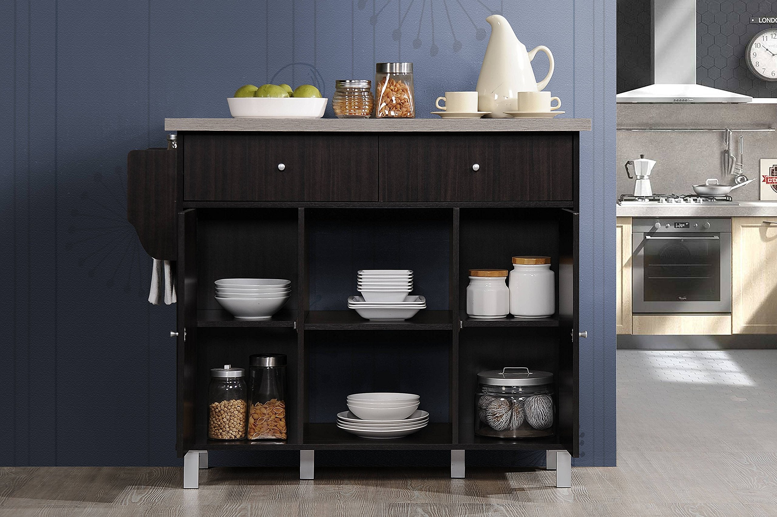 Hodedah Kitchen Island with Spice Rack plus Towel Holder in Chocolate-Grey