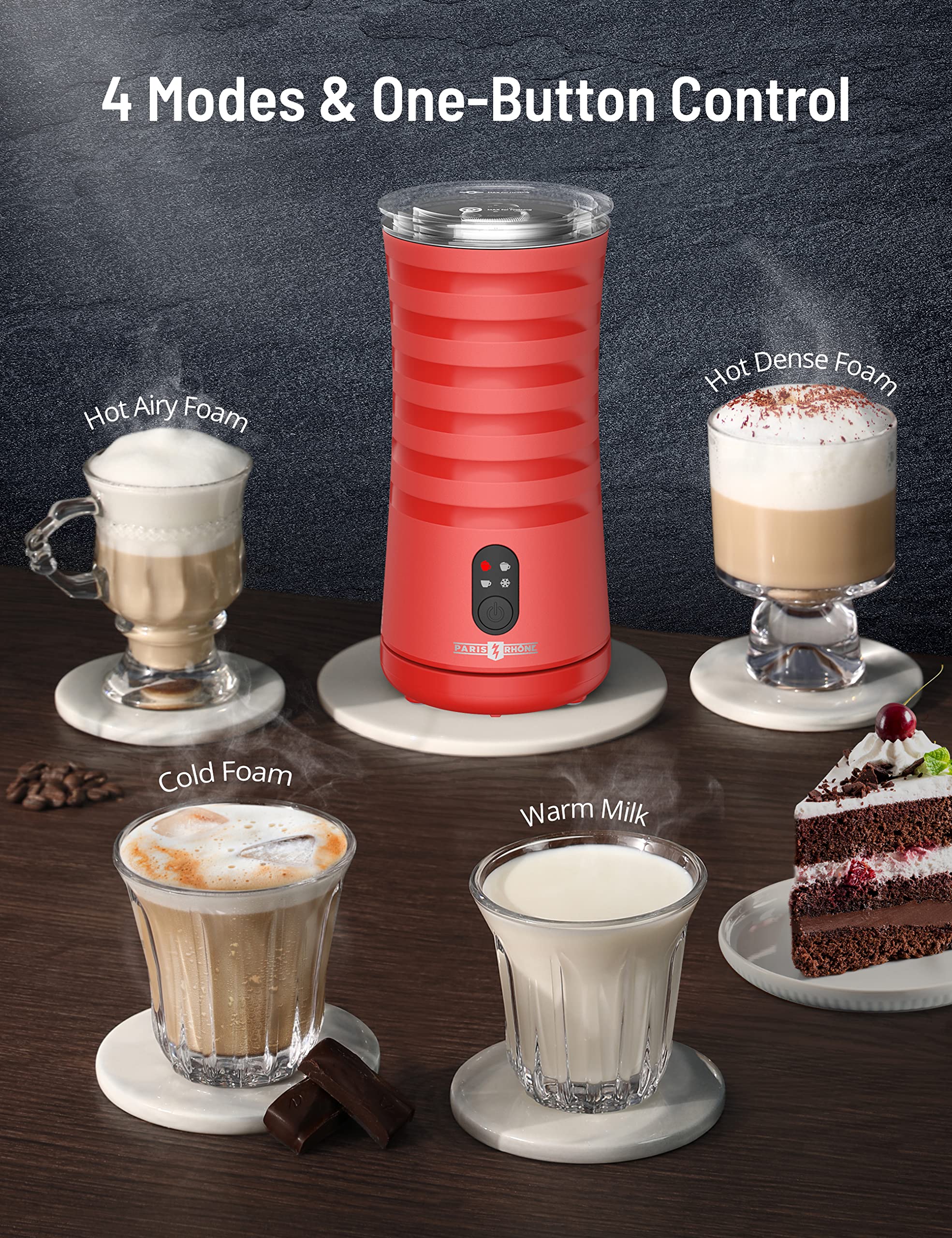 Milk Frother  Paris Rh?ne 4-in-1 Milk Frother and Steamer  Non-Slip Stylish Design  Hot & Cold Milk Steamer with Temperature Control  Auto Shut-Off Frother for Coffee  Latte  Cappuccino  Macchiato