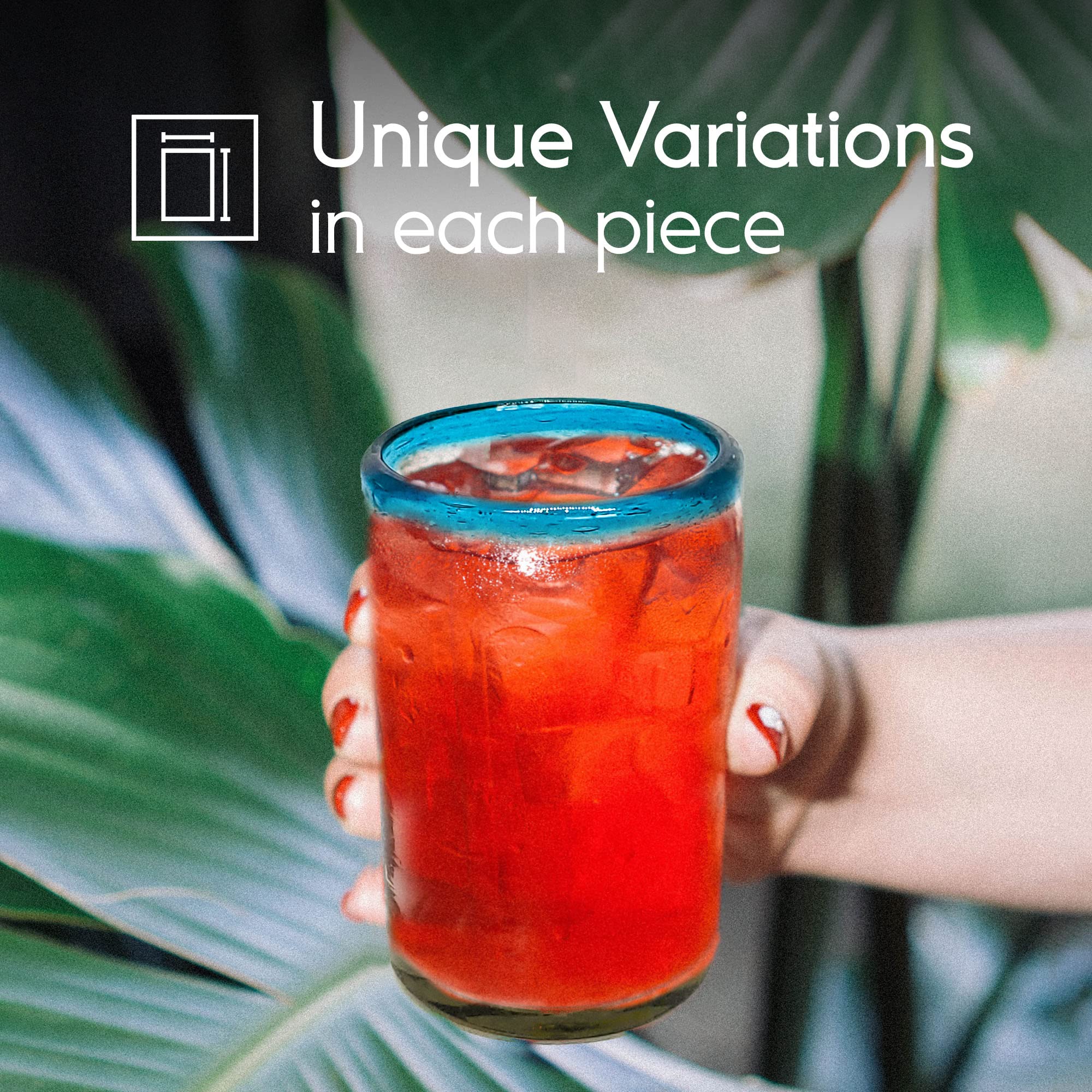 Mexhandcraft Aqua Blue Rim 14 Oz Drinking Glasses, Set Of 6, Mexican Handmade Glassware, Recycled Glass, Lead & Toxin Free (Drin