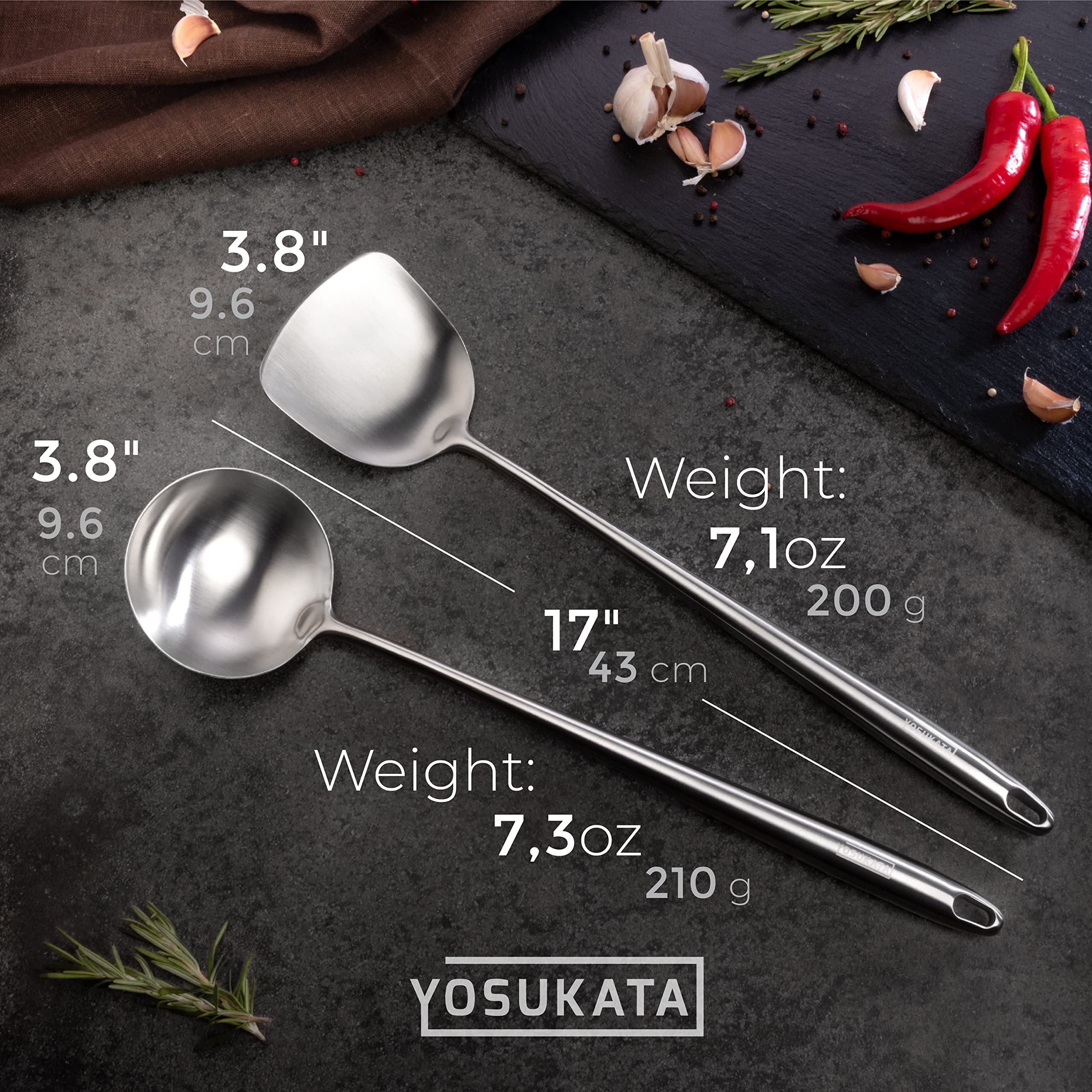 Yosukata 17 Wok Spatula And Ladle - Set Of 2 Heat-Resistant Wok Tools - Universal Wok Ladle And Spatula - High-Grade Stainless S