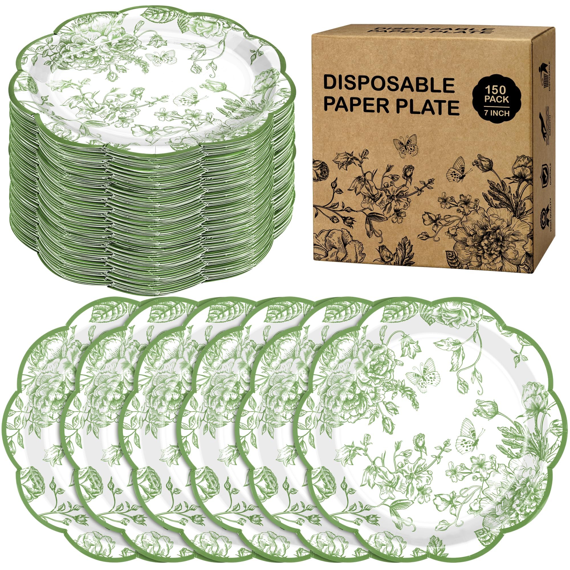Kochorie 150 Pieces Sage Green Flower Paper Plates 7 Inches Disposable Floral Paper Plates Scalloped Sage Green Chinoiserie Vint