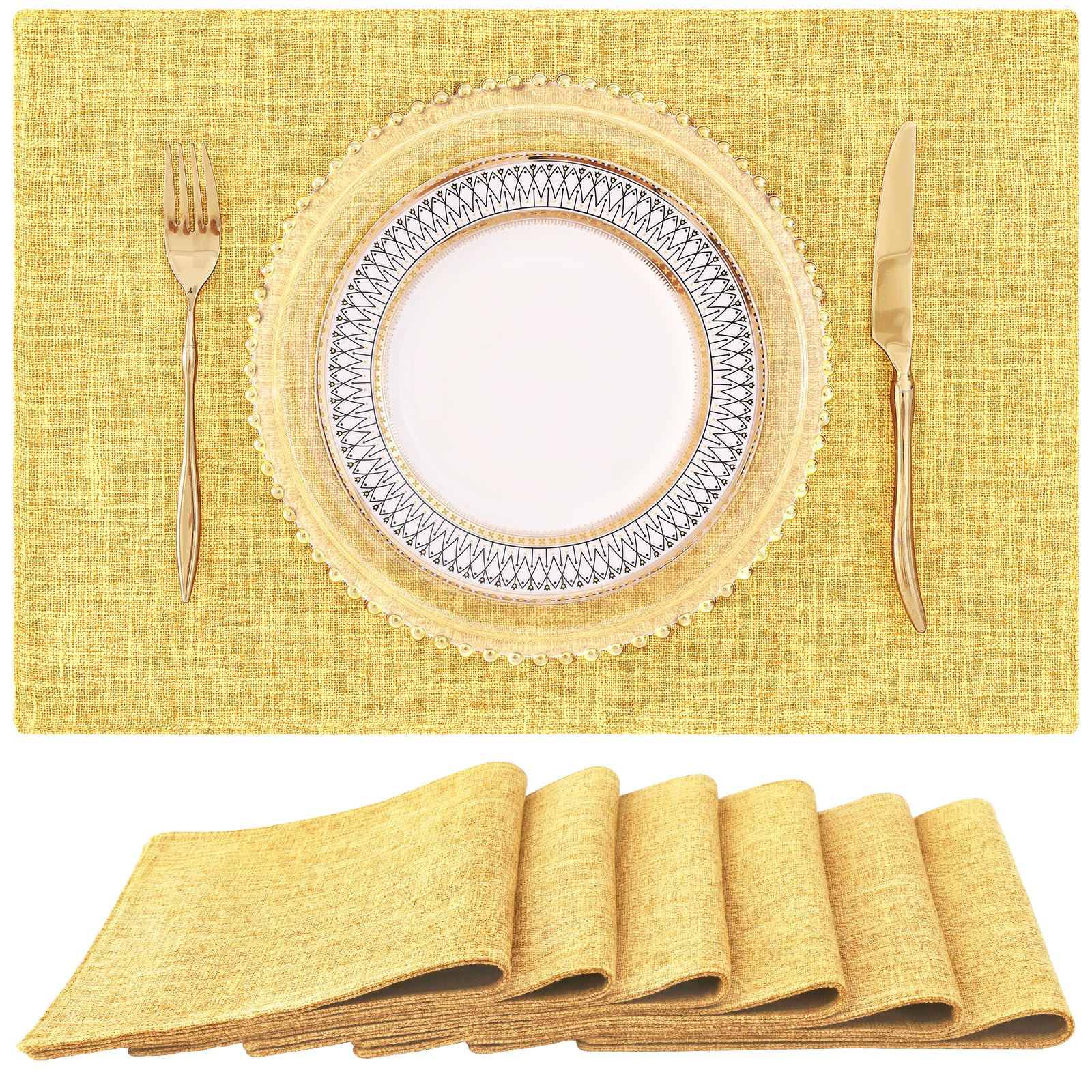Homing Mustard Yellow Cloth Placemats Set Of 6 - Cotton Linen Blend Washable Farmhouse Dining Table Mats For Fall & Thanksgiving