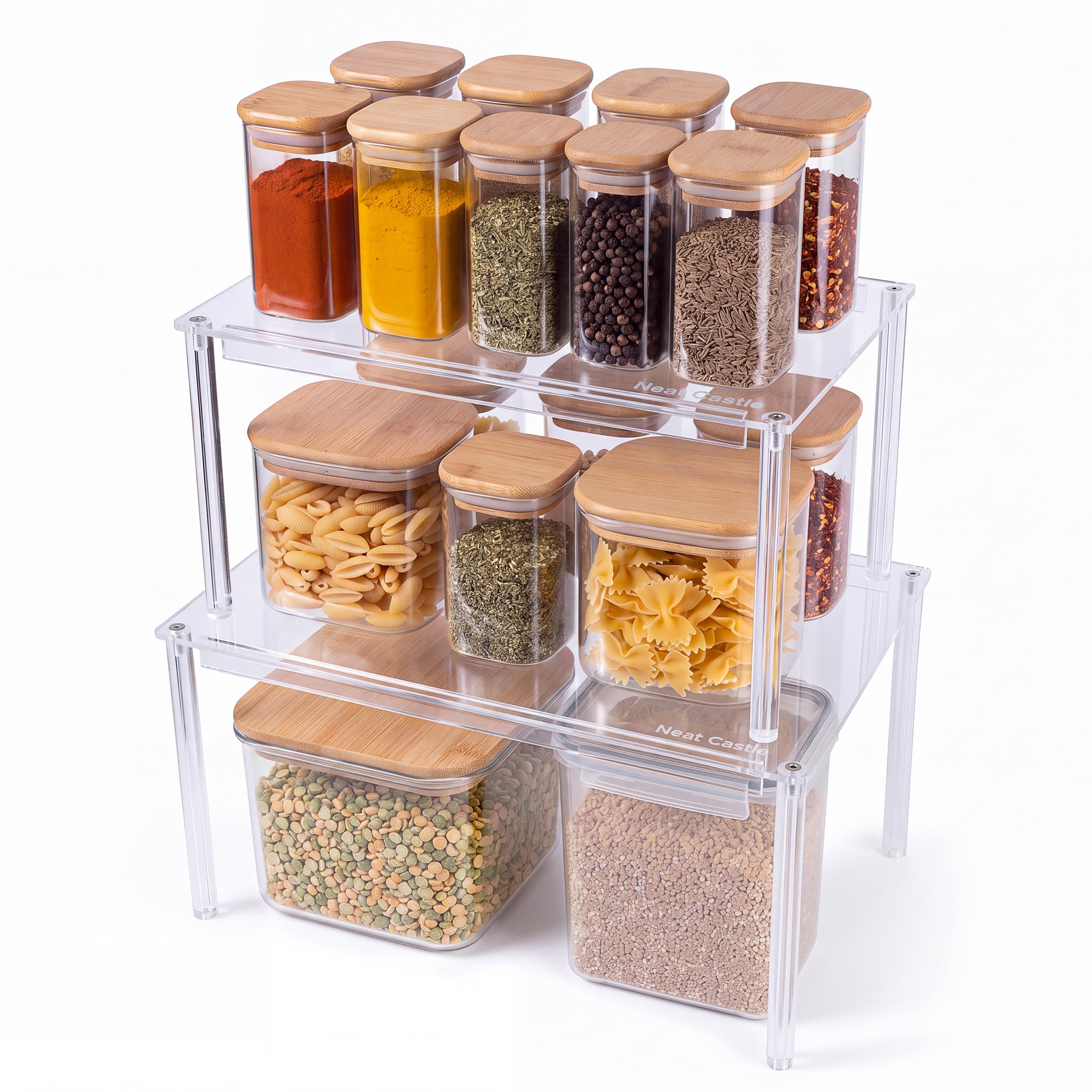 Neat Castle Clear Acrylic Shelf Organizer  Stackable Cabinet & Countertop risers for Kitchen, Pantry, Bathroom & Vanity Storage