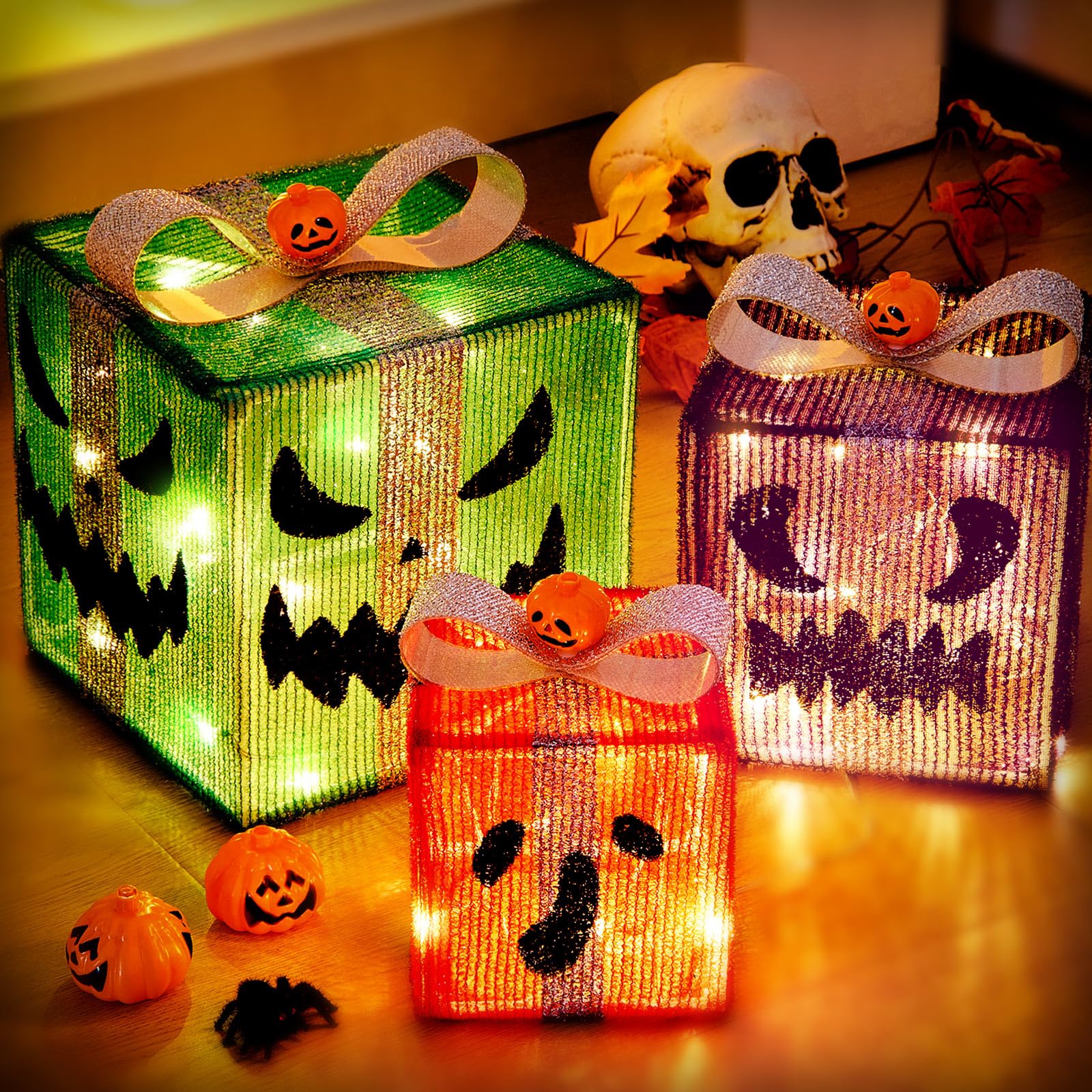 Otoolling 3 Pack Lighted Halloween Pumpkin Gift Boxes with 8 Modes Lighted Battery Operated Jack O Lantern Presents Boxes Hallow