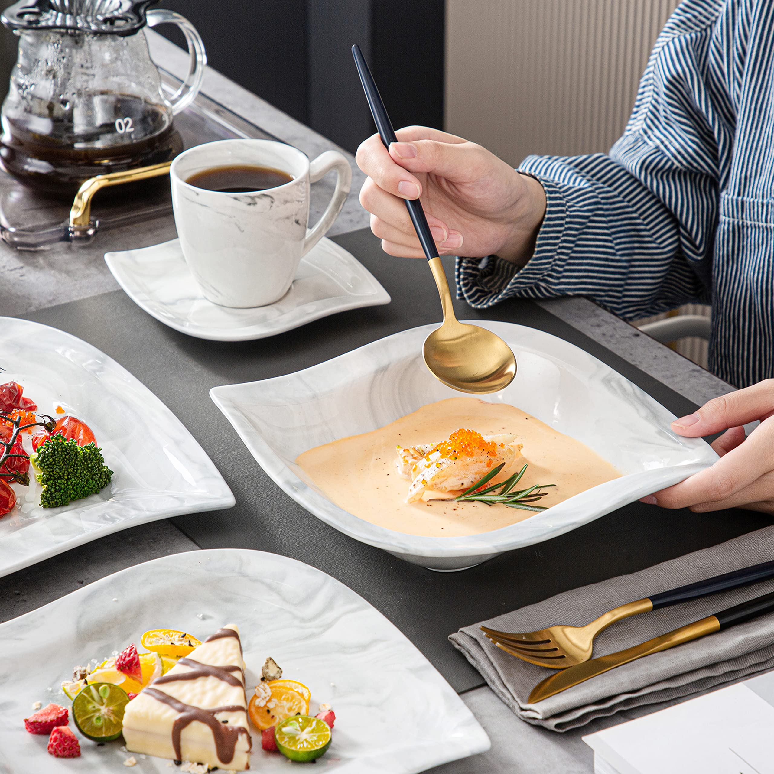 MALACASA Dinnerware Sets for 6, 30 Piece Porcelain Plates and Bowls Sets, Marble Dish Set with Plates and Bowls, Cup and Saucer,