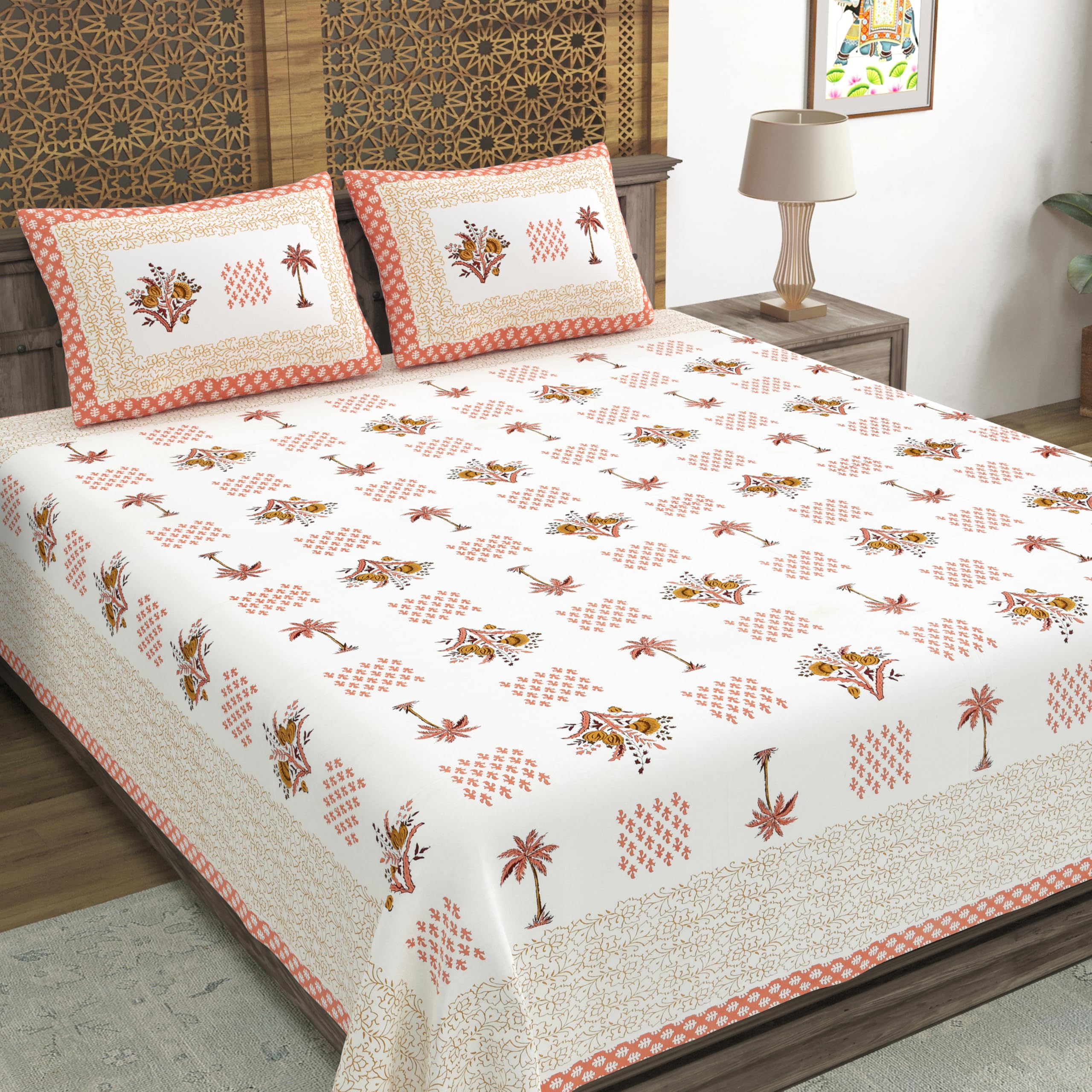 Blocks Of India Hand Block Printed 300 Tc Cotton Super King Size Bedsheet(106 X 106) (Tree Orange)