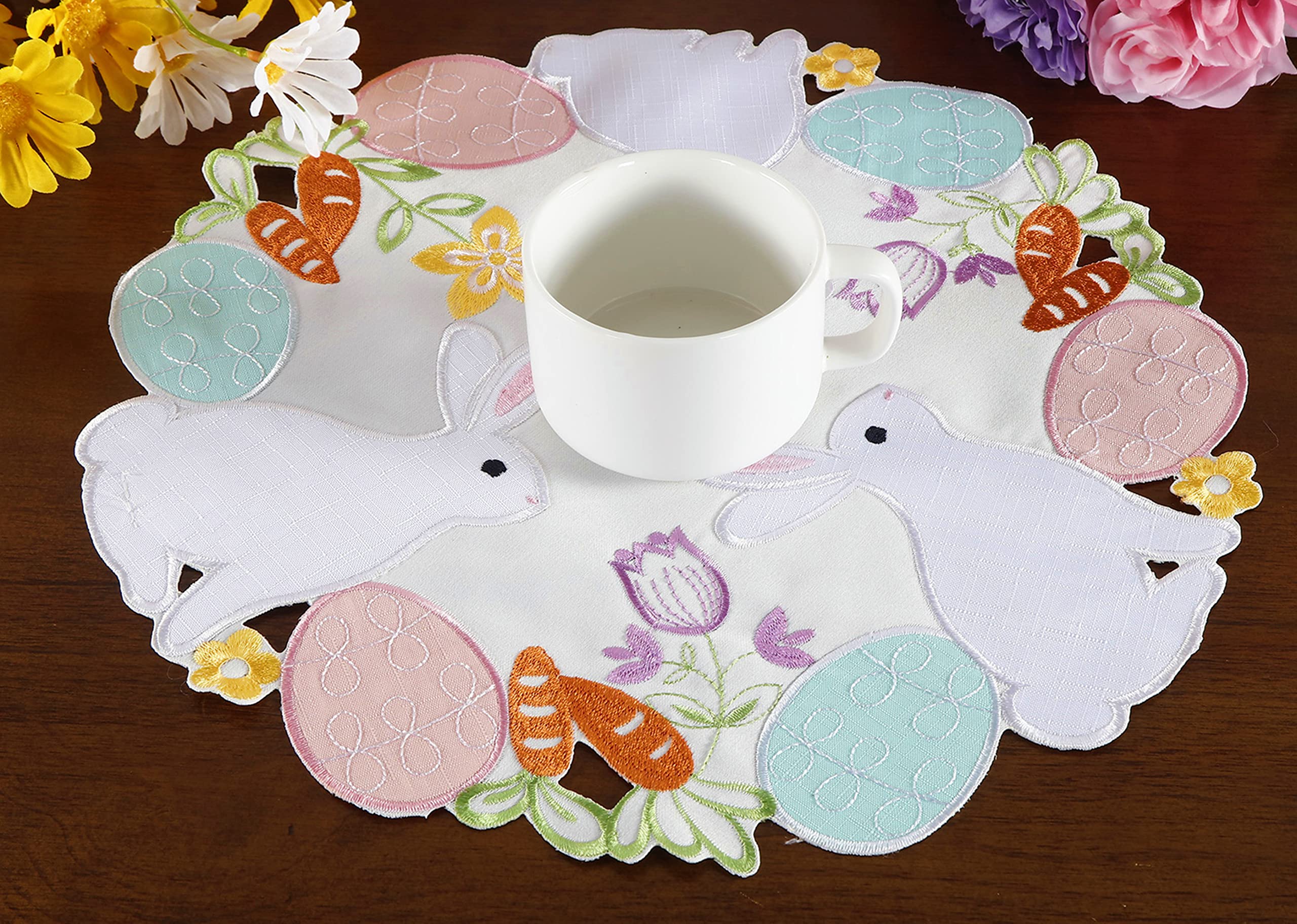 Easter Bunnys Placemats Set Of 4, Cutwork Embroidered Floral And Bunnys Dresser Scarf Table Topper,Home Kitchen Dining Tabletop