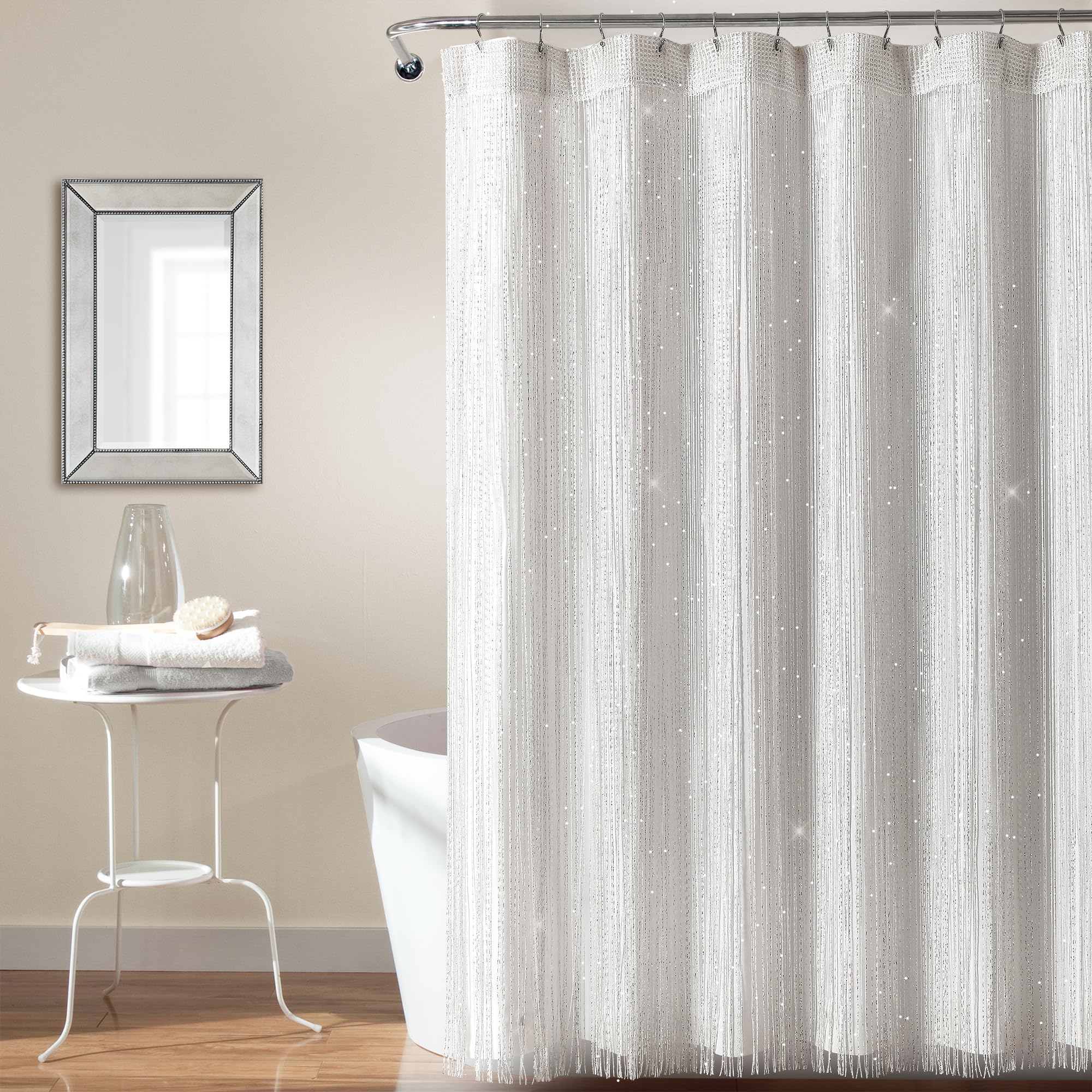 Lush Decor Night Sky String Thread Shower Curtain With PEVA Liner, 2 Piece Set, 72 W x 72 L, White - Silver String Shower Curtai