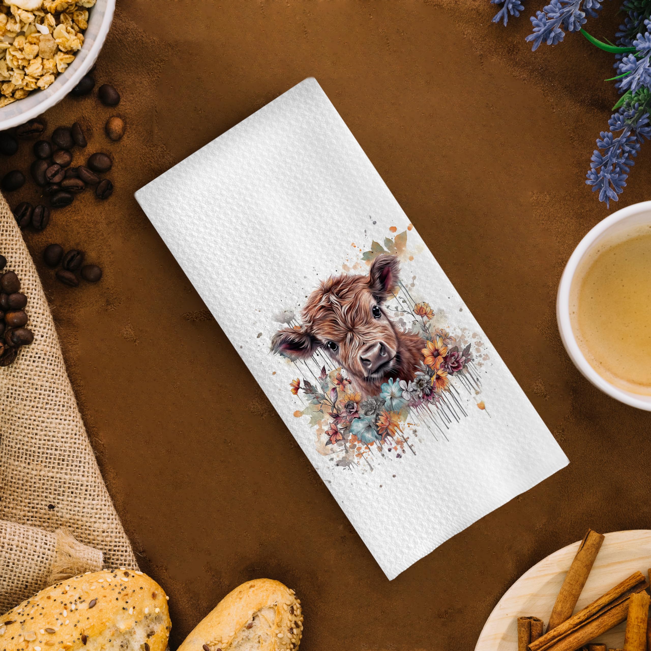 GCFET Highland Cow Waffle Decorative Dish Towels - 16x24, Highland Cow Gifts Hand Tea Towels for Bathroom Kitchen