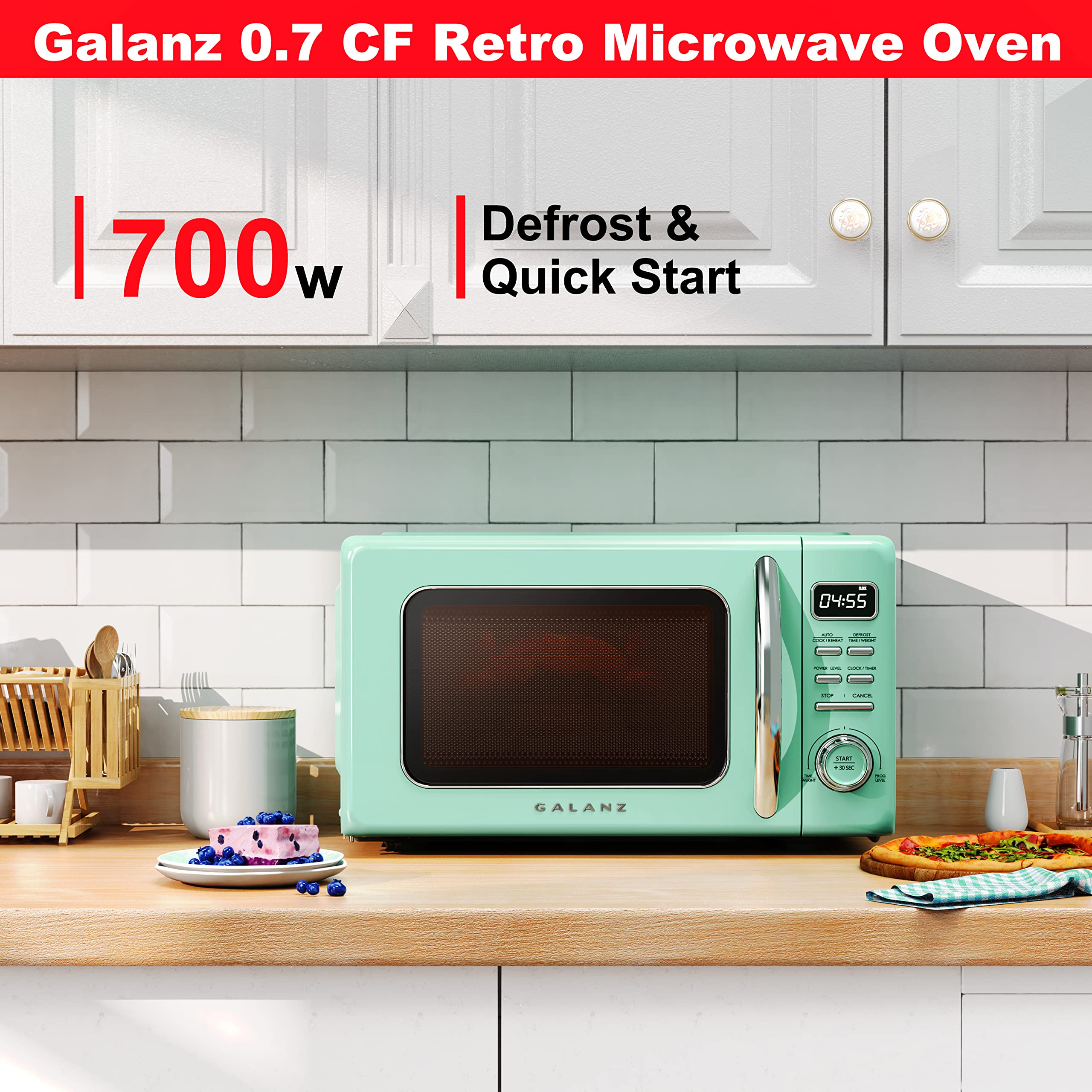 Galanz Retro Countertop Microwave Oven, 0.7 cu ft, Stainless Steel, Green, Model GLCMKZ07GNR07, Auto Cook, Easy Clean, Pull Handle