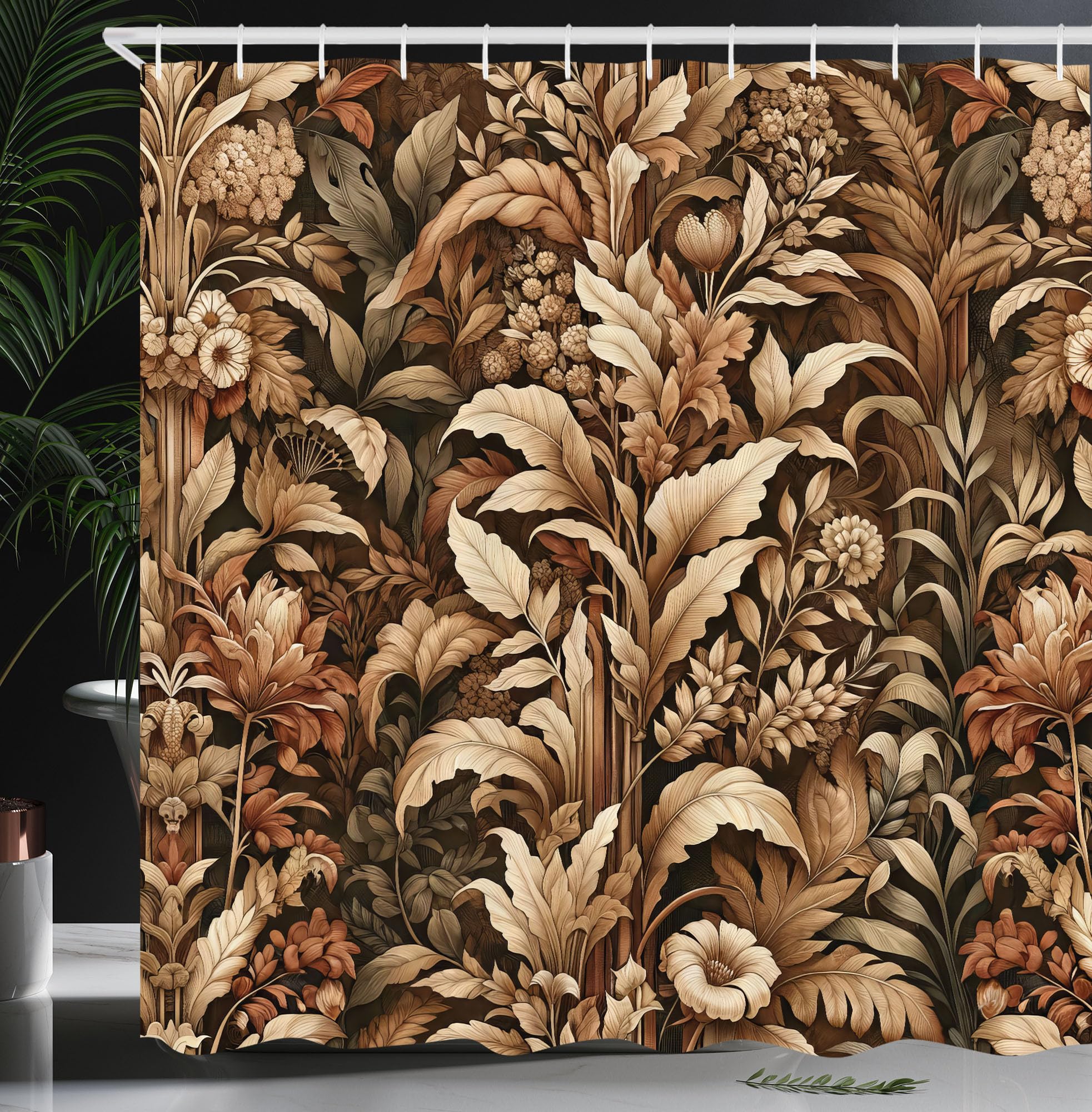 Ambesonne Brown Shower Curtain, Fall Flourishing Earthy Colors Of Vintage Botanical Bloom Flowers Leaves, Cloth Fabric Bathroom