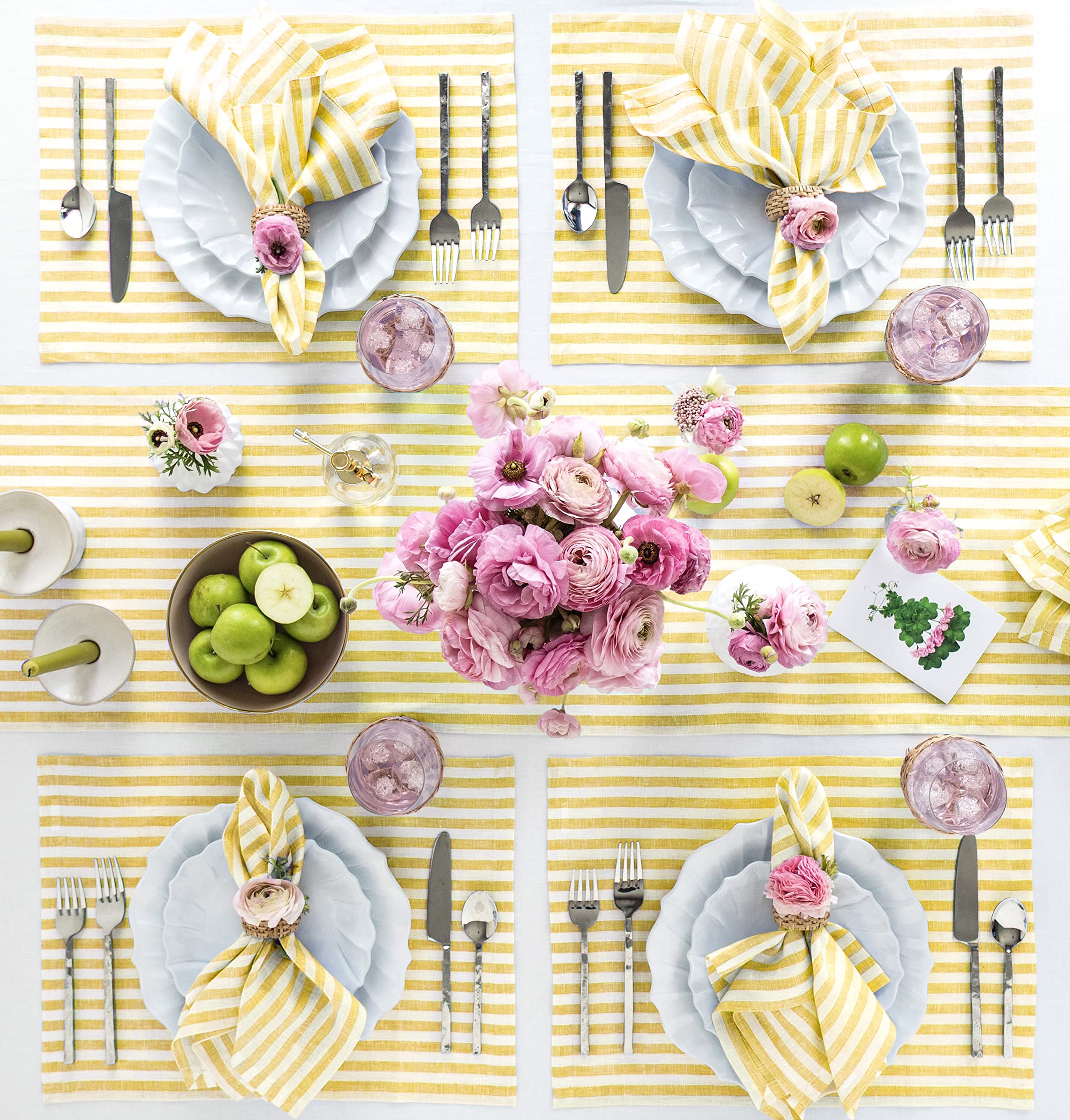 Solino Home Stripe Linen Table Runner 48 Inch - 100% Pure Linen Primrose Yellow And White Table Runner 14 X 48 Inch - Farmhouse