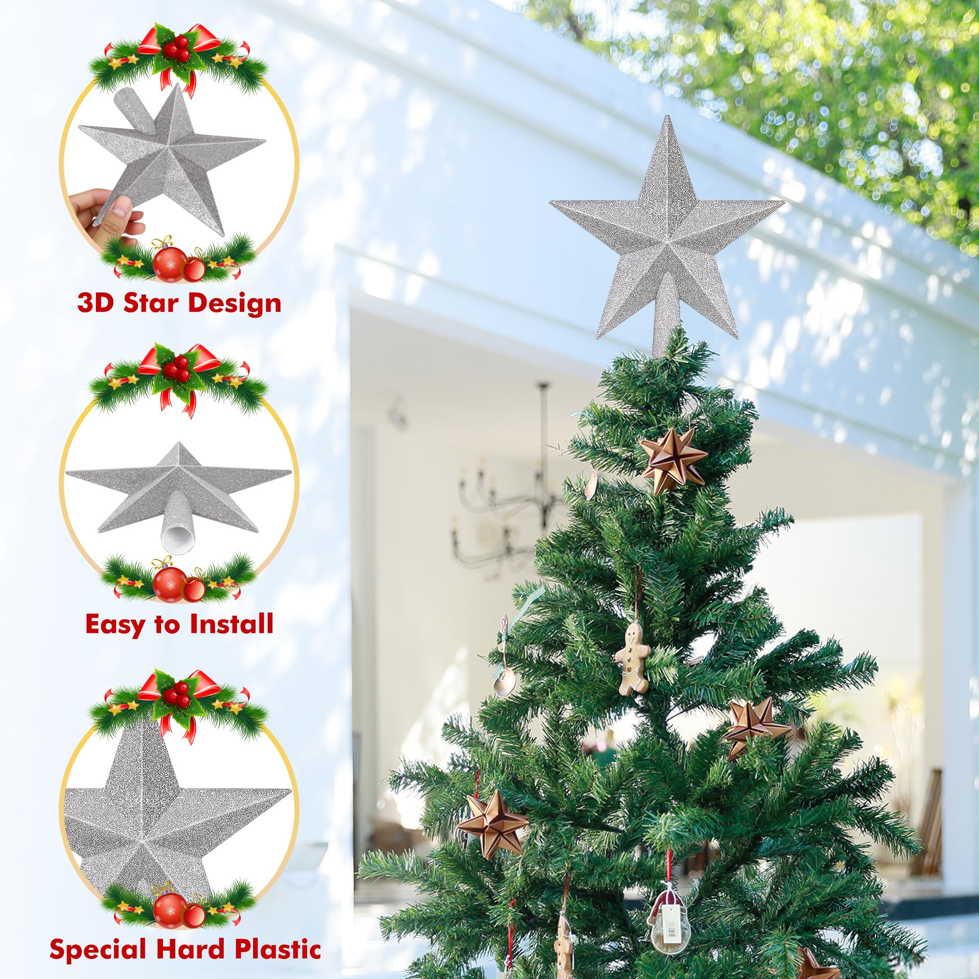 Tree Topper Star, 8 Silver Christmas Tree Topper with Glitter, 3D Bethlehem Star Xmas Tree Topper Decorations, Waterproof Shatte