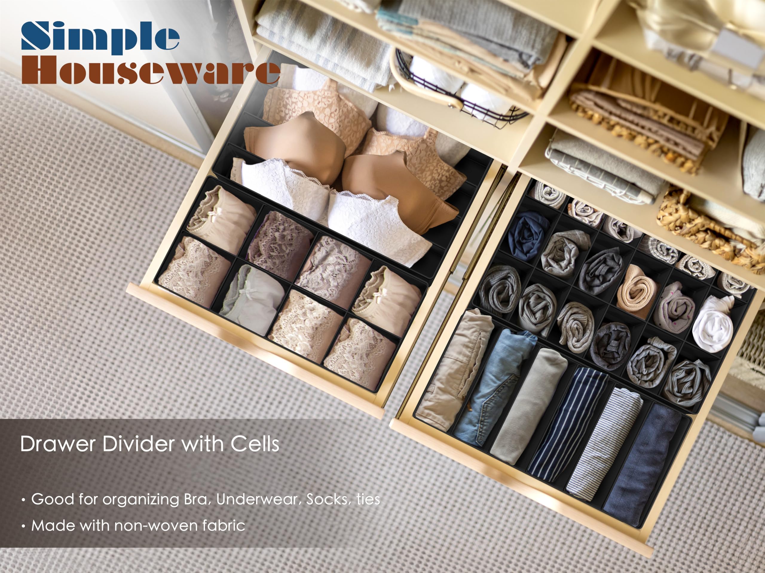 Simple Houseware Closet Underwear Organizer Drawer Divider 4 Set, Black