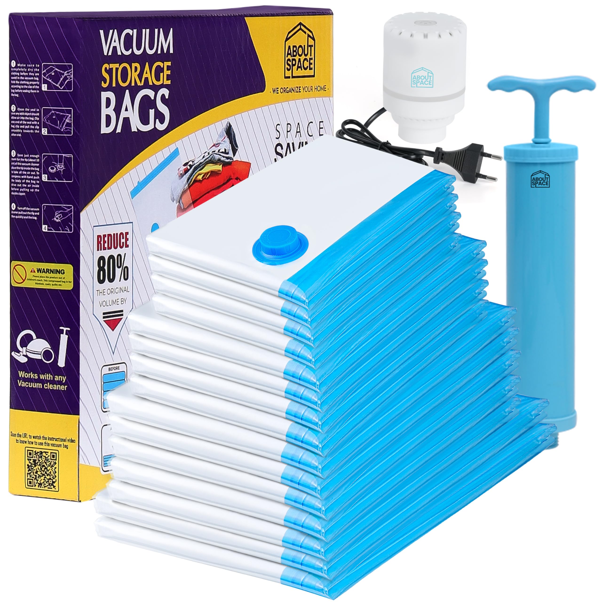 About Space 15 Pack Vacuum Bags For Travel With Electric & Hand Pump (22X Jumbo/5 Jumbo/4 Large/4 Medium) For Packing, Vaccine 
