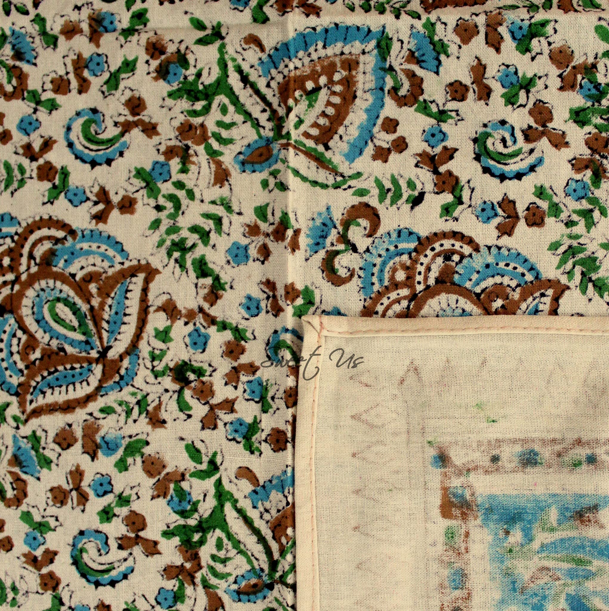 Sweet Us Ashlyn Block Print Tablecloth For Square Tables 70X70 And One Gray Napkin, Floral Cotton Kitchen, Dining Linen, Sky Blu