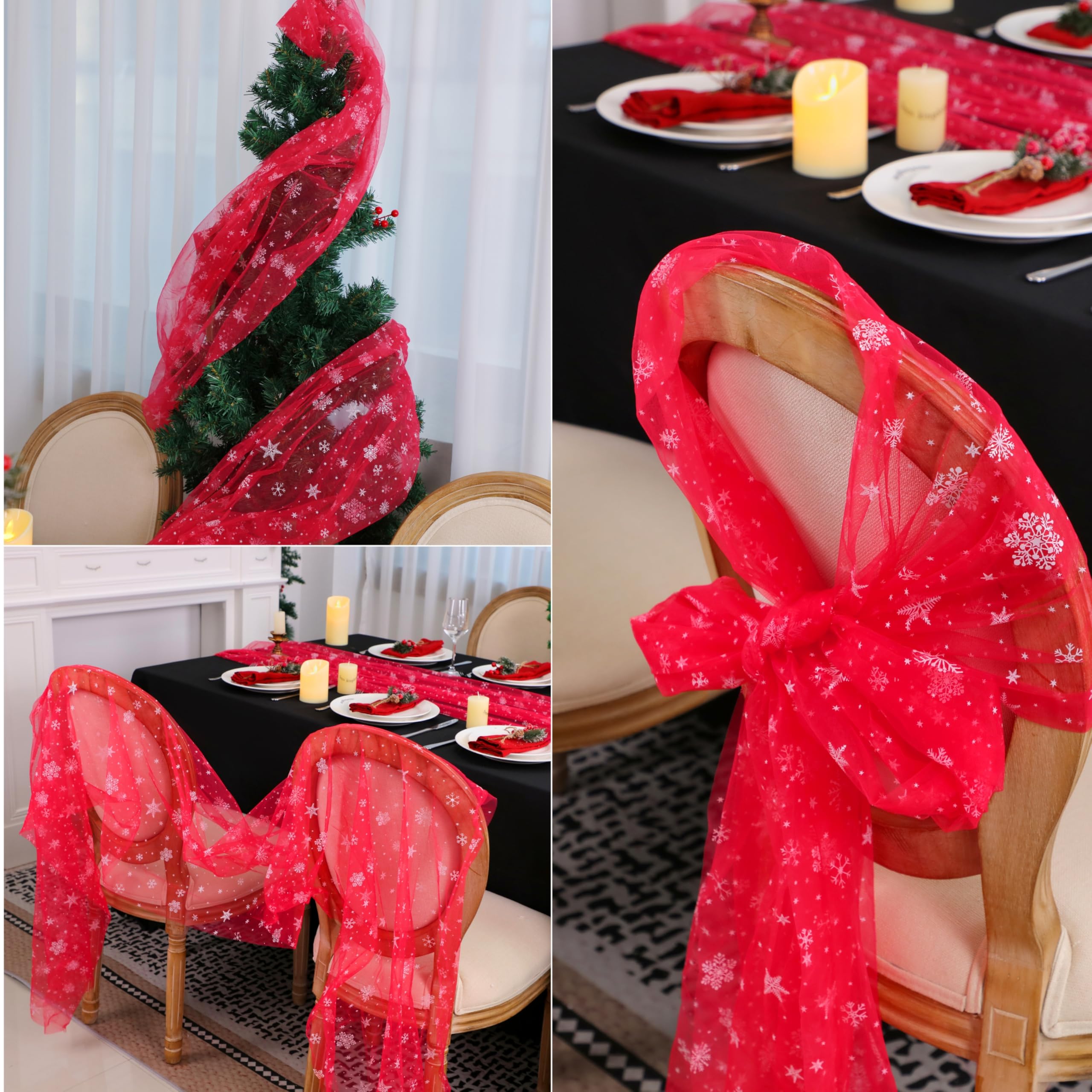 Snowkingdom Red Christmas Table Runner, Red and White Snowflakes Cheesecloth Table Runner, Chiffon Gauze Seasonal Winter Kitchen