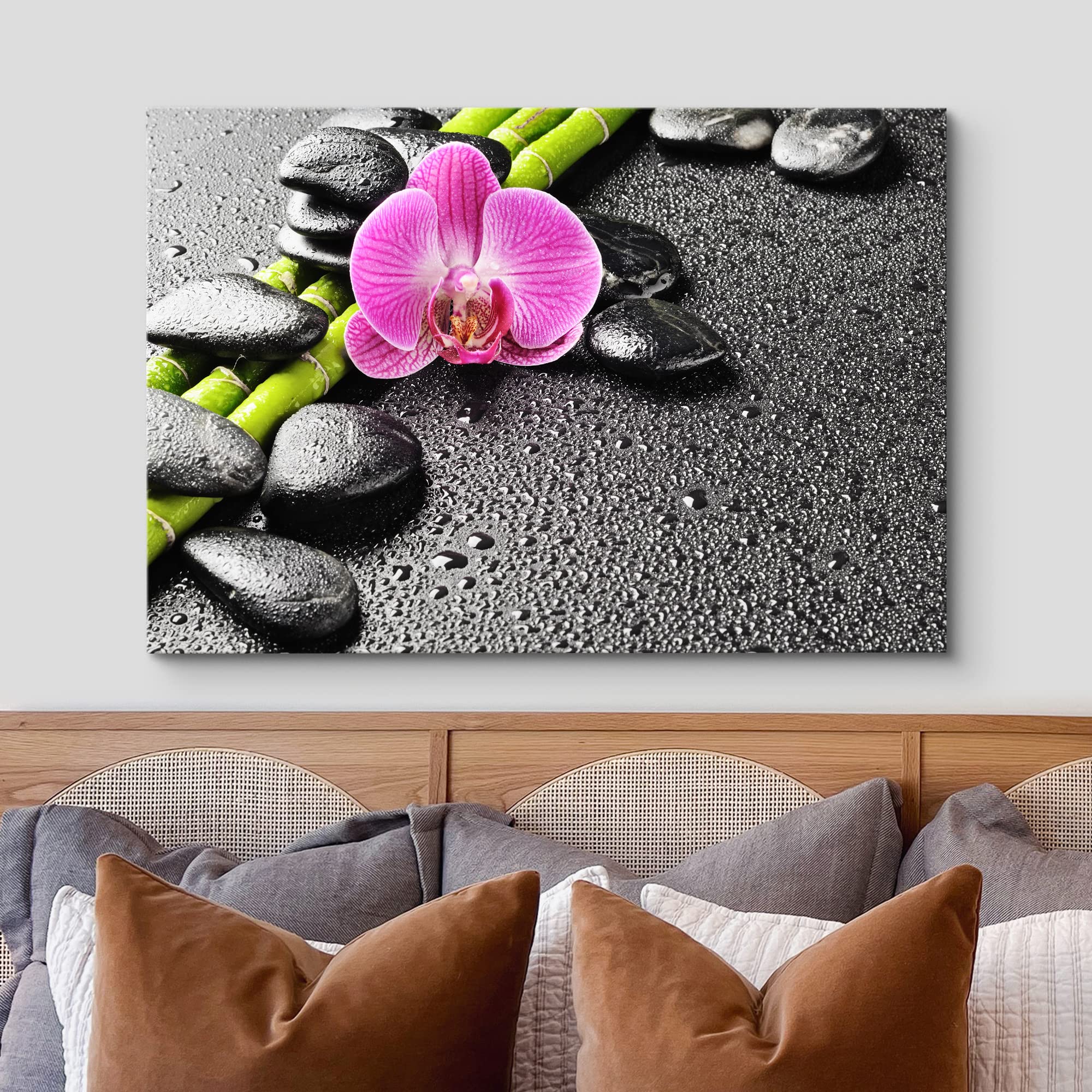 Wall26 Canvas Print Wall Art Purple Orchid Flower Bamboo Beach Massage Stones Nature Wilderness Photography Realism Rustic Lands