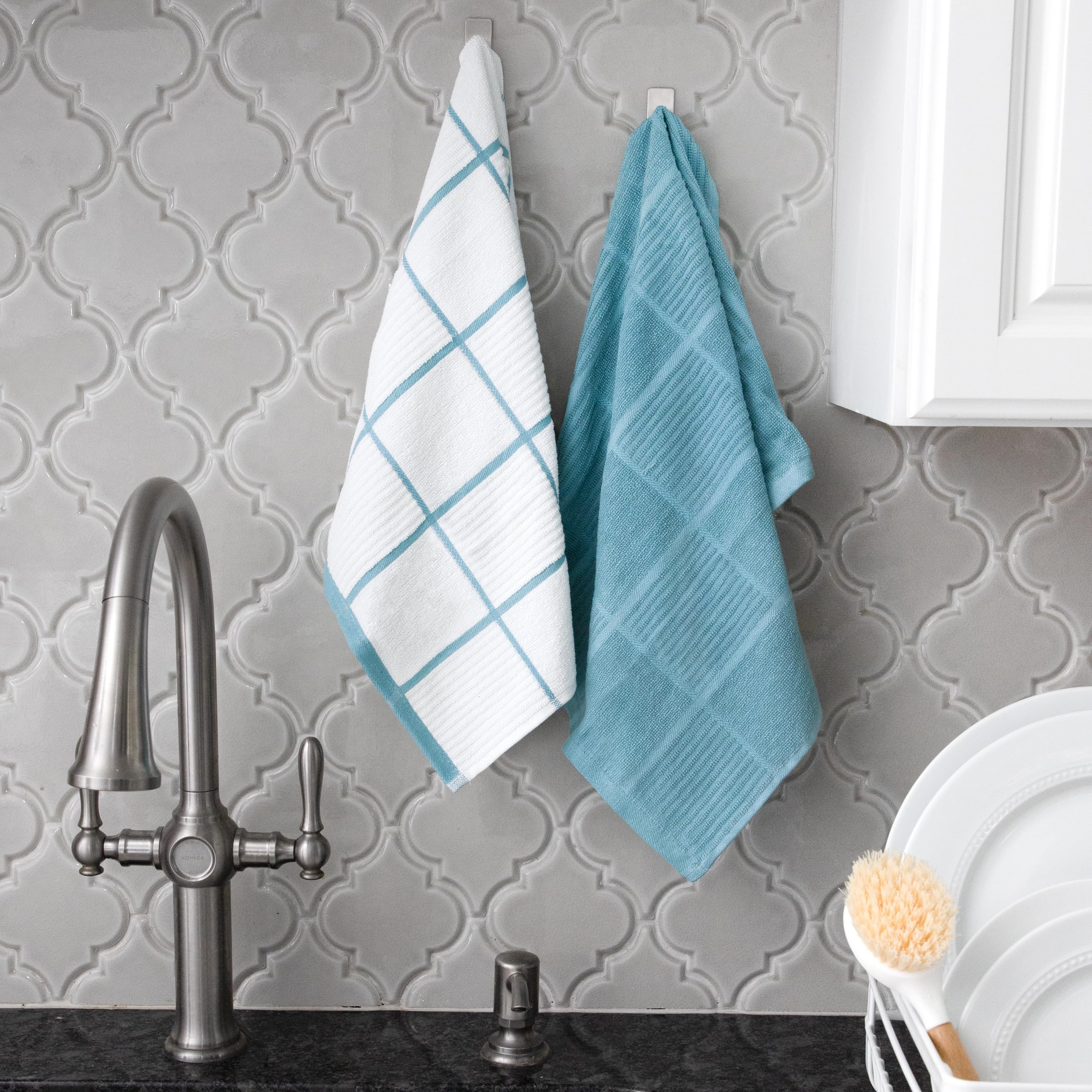T-Fal Textiles Kitchen Towels 2-Pack Solid & Check Parquet  Solid/Check - 2 Pack  Breeze  2 Count